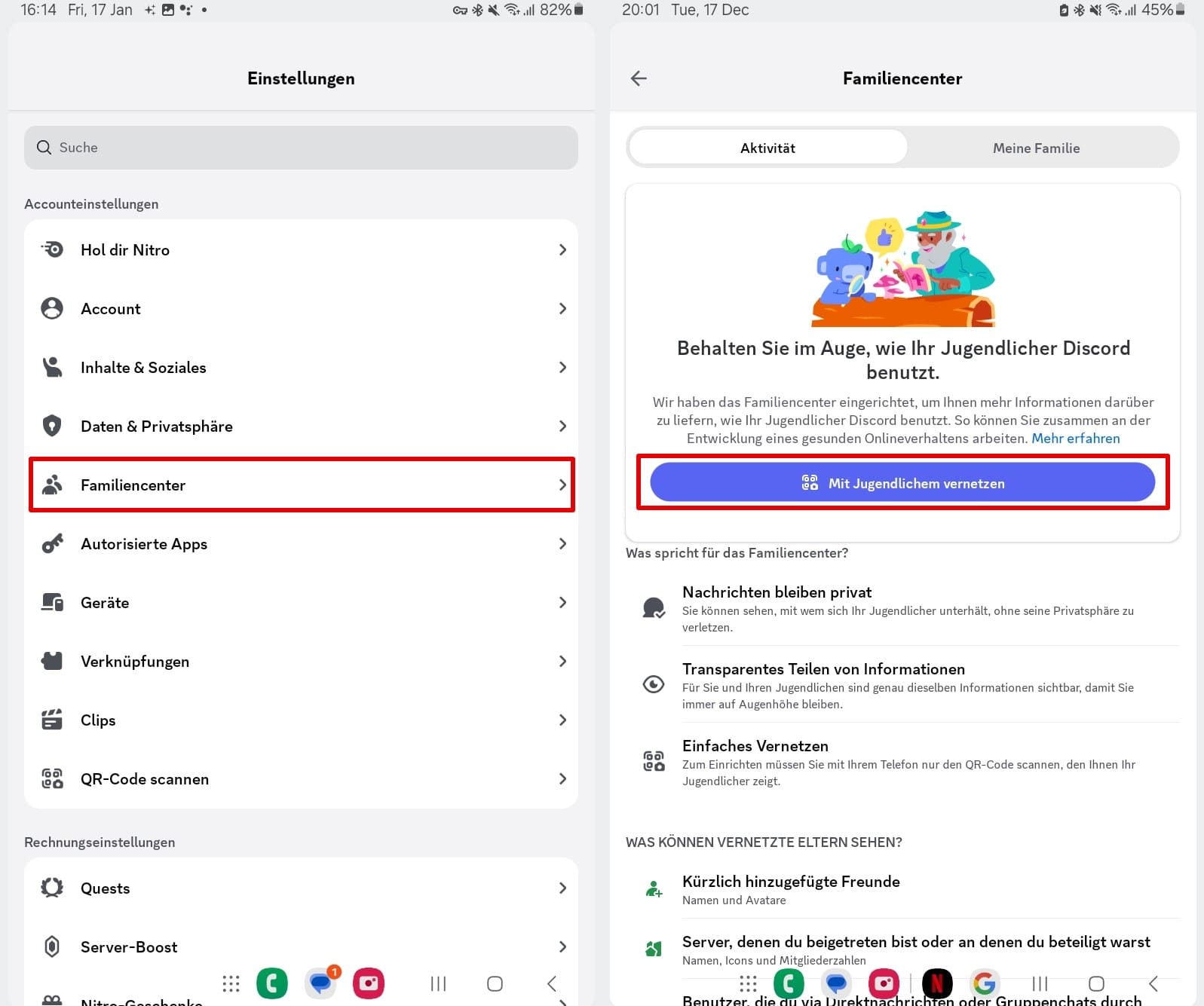 Ein Screenshot, der die Funktion Familienzentrum“ in den Discord-Einstellungen zeigt, mit Optionen, um das Konto eines Elternteils mit dem Konto eines Jugendlichen zu verbinden, um dessen Aktivitäten zu überwachen und gleichzeitig die Privatsphäre zu schützen