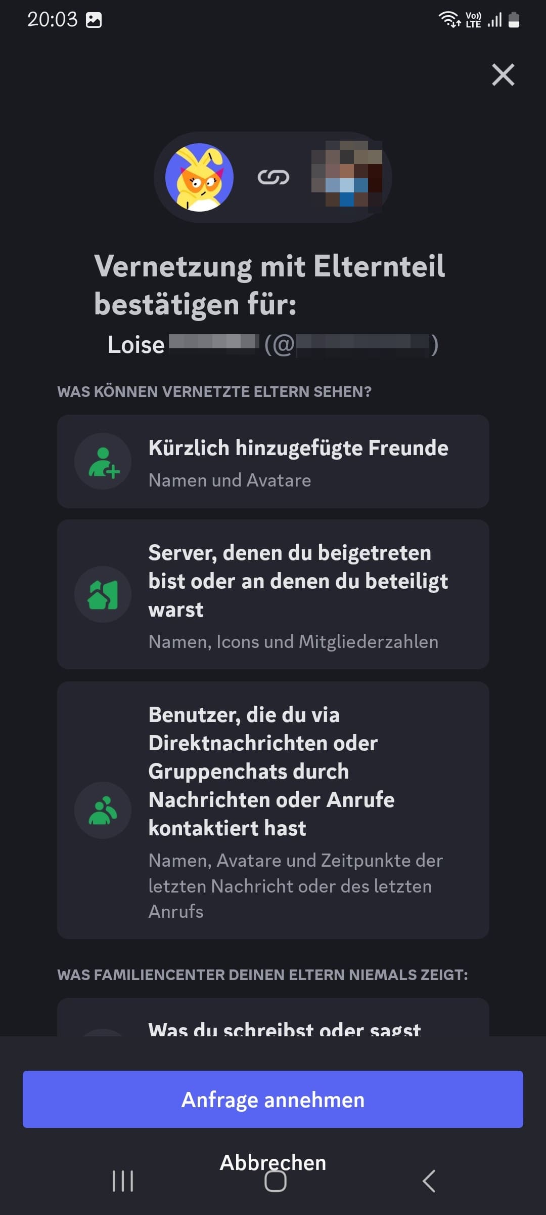 Bestätigungsbildschirm zum Verbinden des Elternkontos mit dem Konto des Teenagers, der angibt, welche Informationen im Discord-Familienzentrum freigegeben werden sollen