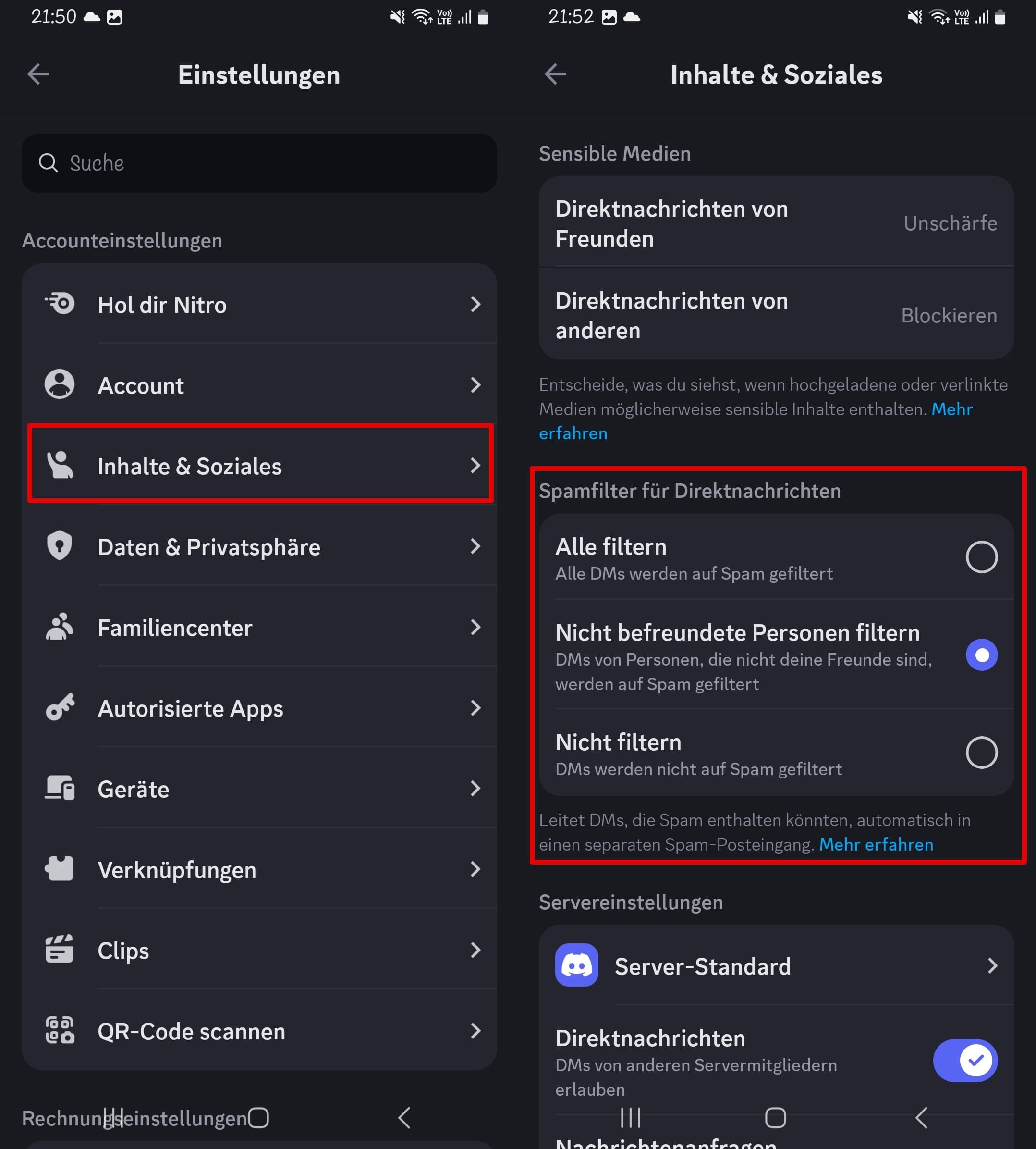 Optionen für soziale Inhalte und Sicherheit in Discord zum Filtern von Spam in Direktnachrichten, Standardeinstellungen für die Privatsphäre auf dem Server und zum Teilen von Aktivitätsstatus