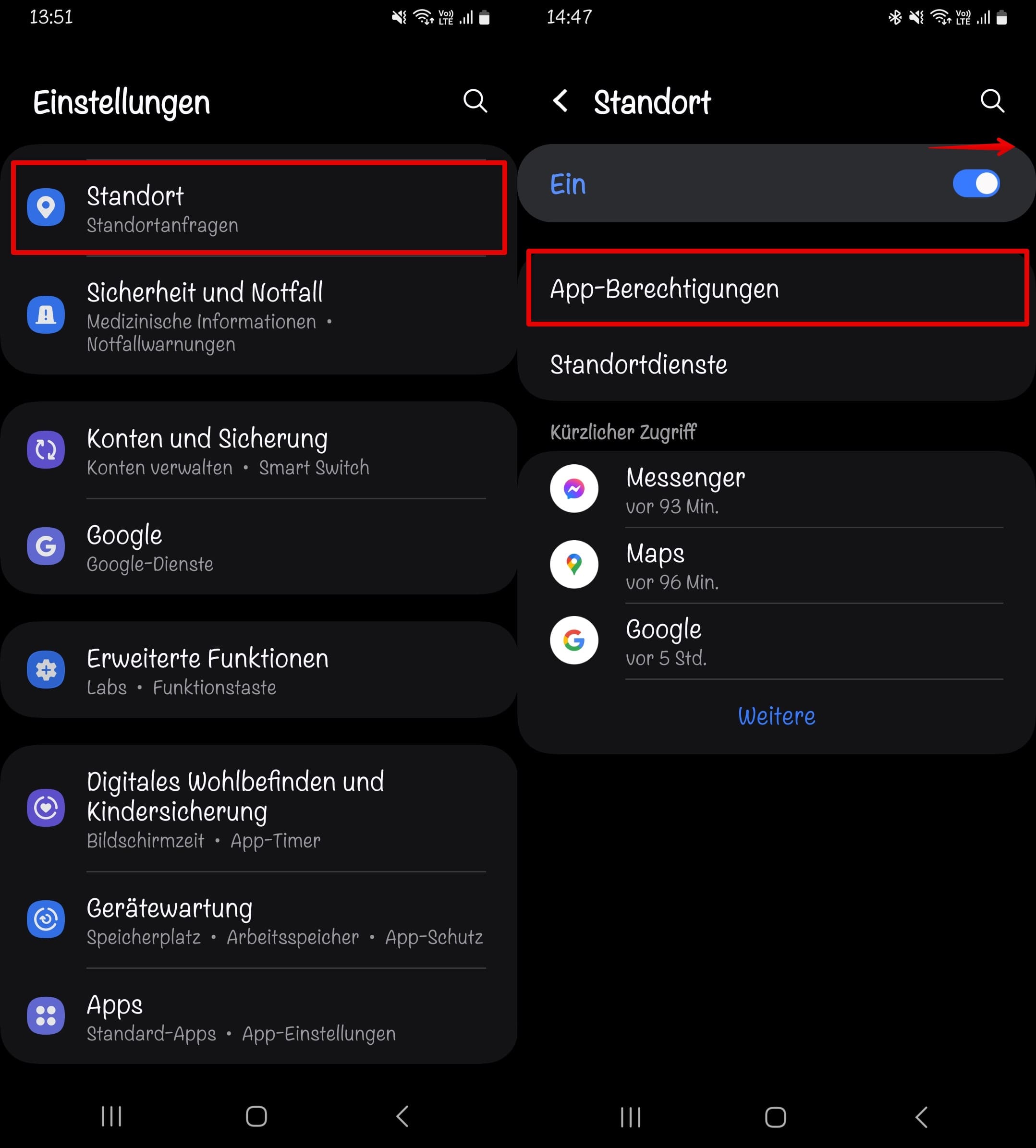 Schritte zum Aktivieren von Ortungsdiensten unter Android über die Einstellungen zu Standort und App-Berechtigungen