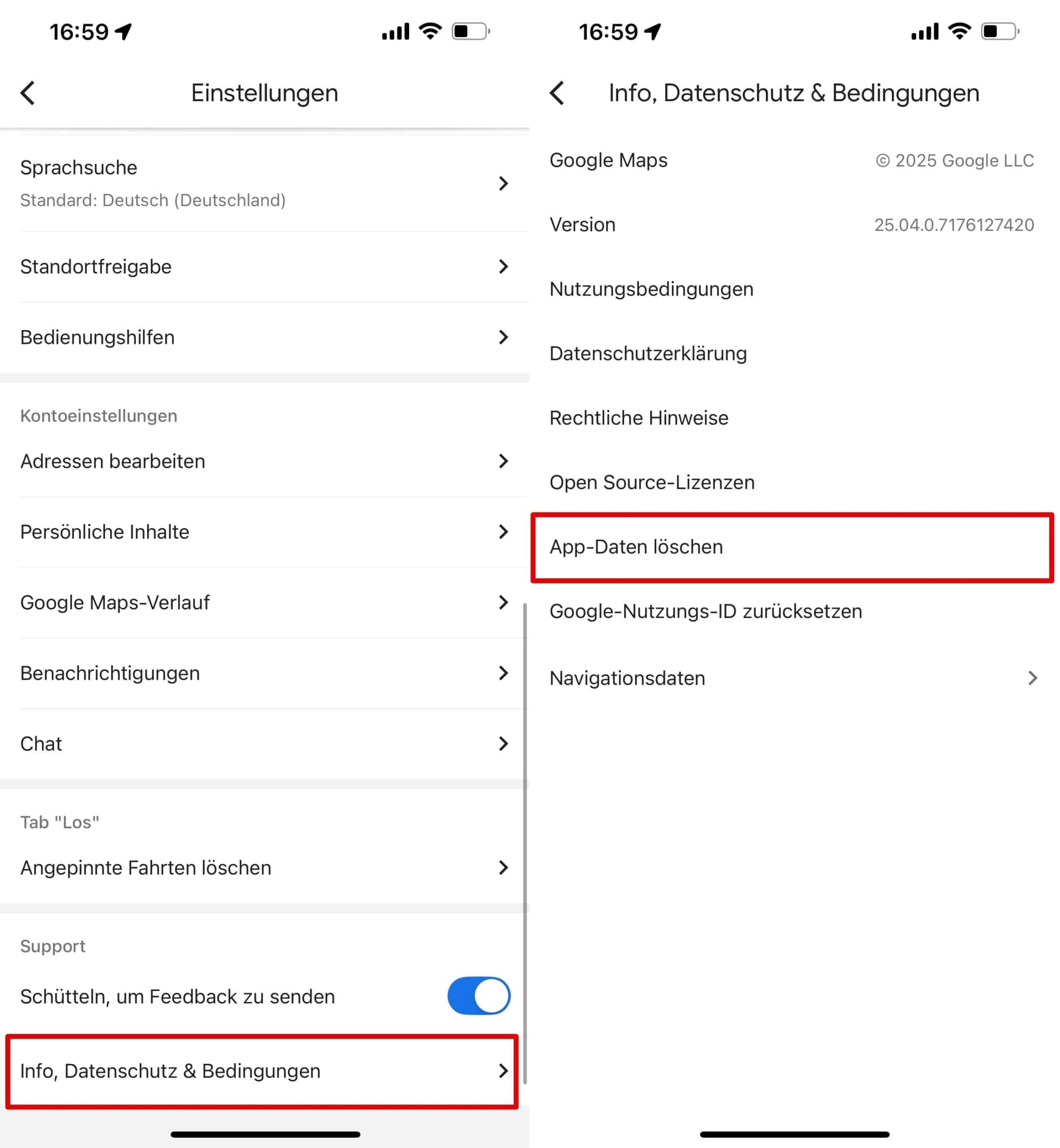 Um den Cache zu löschen, klicken Sie in den Google-Karteneinstellungen auf Über, Bedingungen & Datenschutz - Anwendungsdaten löschen