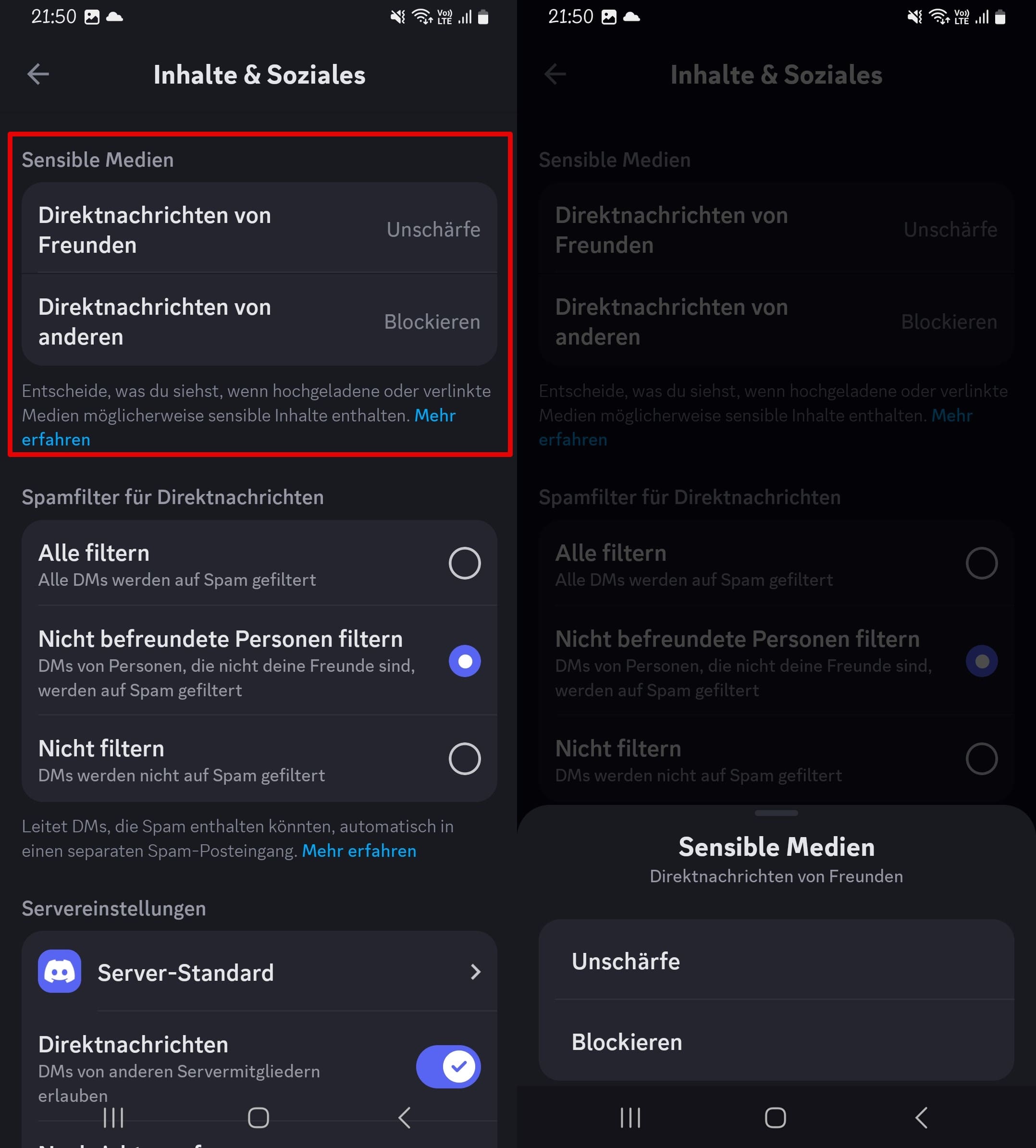 Einstellungen für Inhalte und Soziales in Discord, Optionen für den Umgang mit sensiblen Informationen, Verwaltung von Einstellungen, Auswahl einer Unschärfe- oder Sperr-Aktion