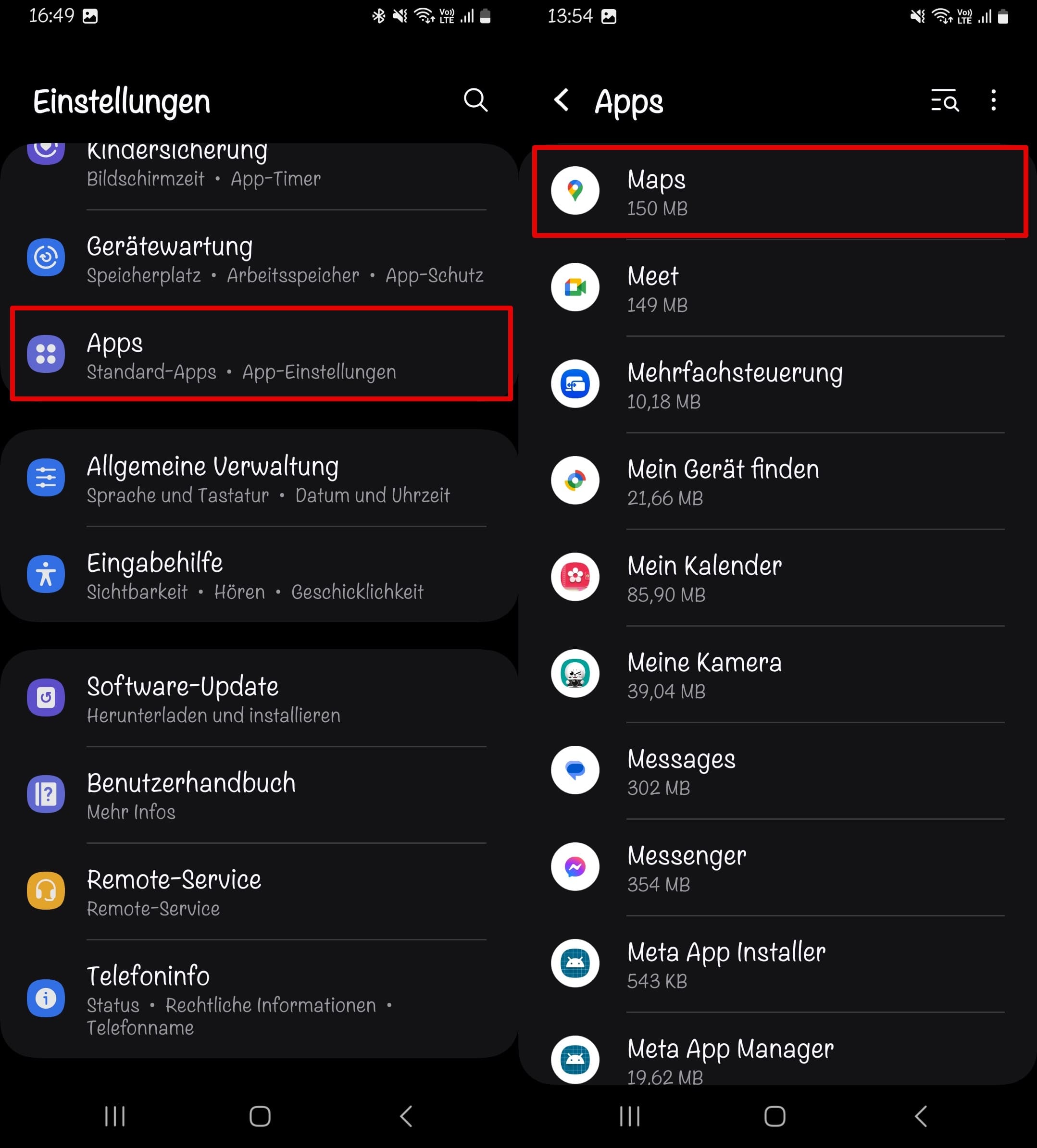 Einstellungen - Apps - Sie sehen eine Liste mit allen Anwendungen