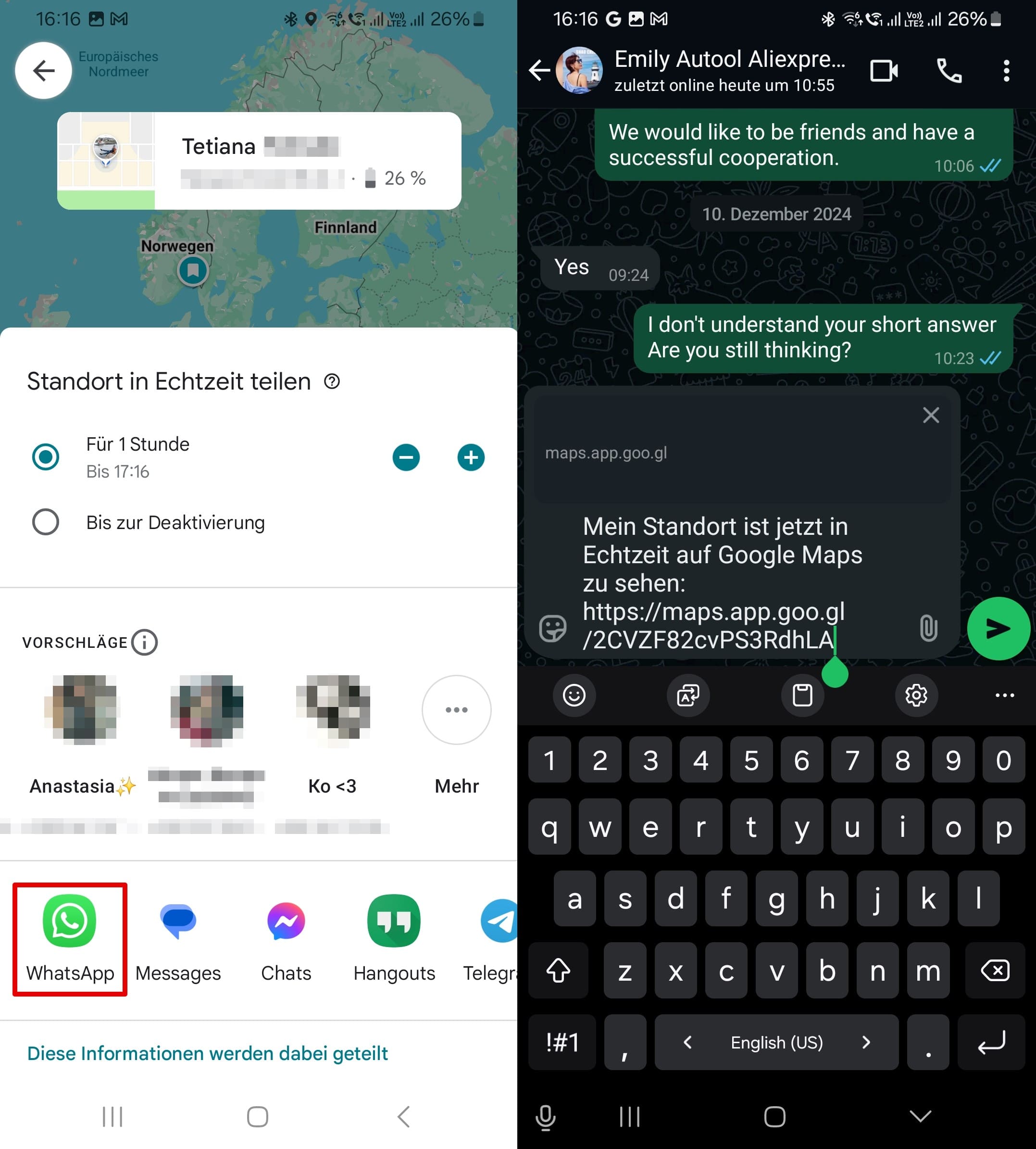 Choosing a way to send the location via Google map and a contact to send a message