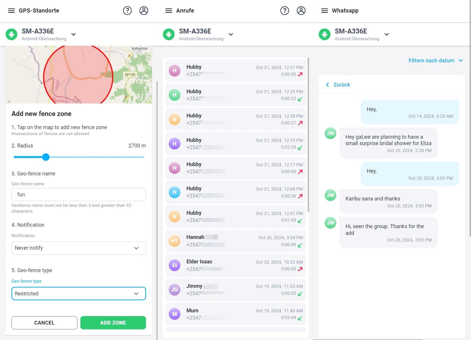 mSpy-Dashboard-Oberfläche, GPS-Standortverfolgung mit zusätzlicher Geofencing-Funktion, Anzeige von Anrufprotokollen und Watsapp-Nachrichten