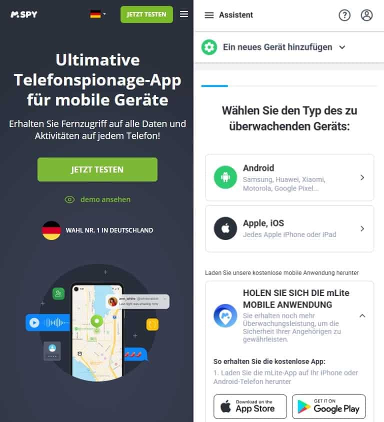 Screenshot der Startseite der mSpy-Website und Auswahl eines Zieltelefons (Android oder Apple-ios)