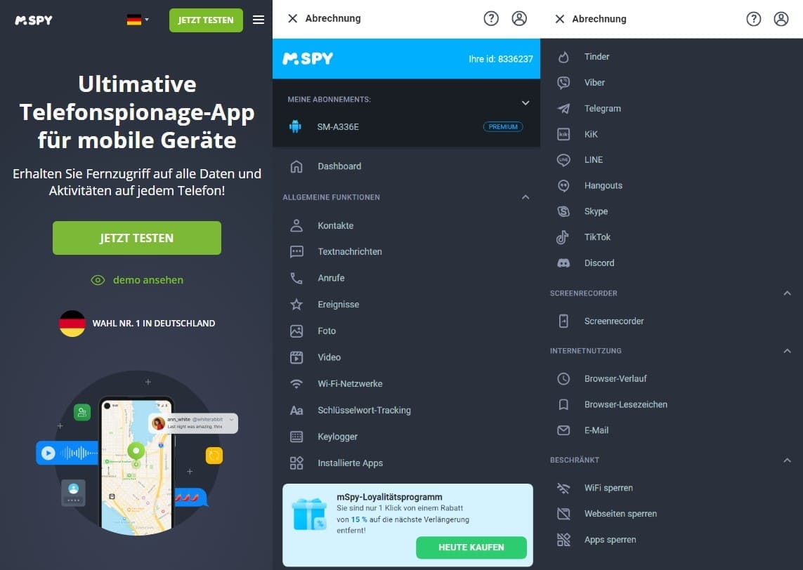 Screenshot der mSpy-Website und des Dashboards mit den Funktionen zur Überwachung von Mobilgeräten. Auf der Website werden die Fernüberwachungsfunktionen von mSpy hervorgehoben, und auf dem Dashboard werden Funktionen wie Kontakte, Textnachrichten, Anrufe, Social-Media-Tracking, GPS-Standorte und Internetbeschränkungen aufgeführt
