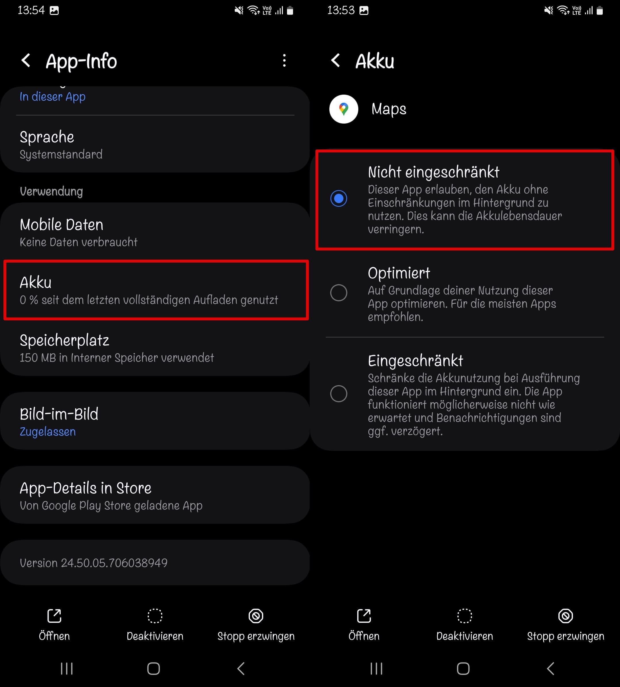 App-Hintergrundaktualisierung für Maps durch Batterieoptimierungseinstellungen auf Maps