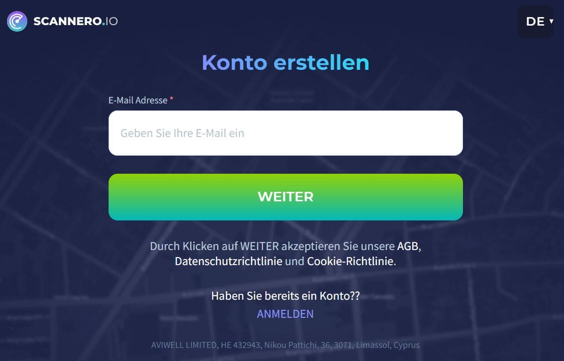 Um sich zu registrieren, geben Sie Ihre E-Mail-Adresse ein und klicken Sie auf Weiter