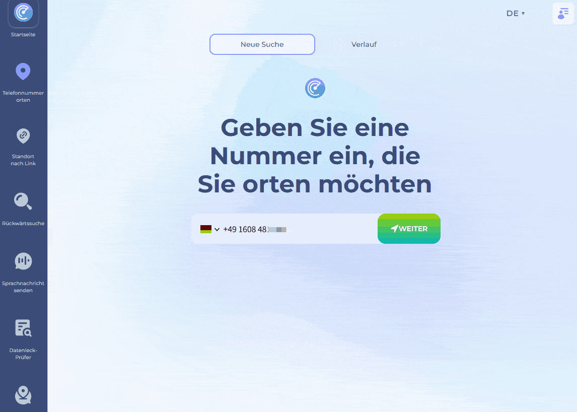 Um die Funktion „Ortung nach Nummer“ zu nutzen, geben Sie eine Telefonnummer ein, wählen eine Nachricht aus oder verfassen eine eigene und senden diese. Nachdem der Empfänger die Nachricht geöffnet hat, sehen Sie den Standort auf der Karte. Demonstration im gif-Format.