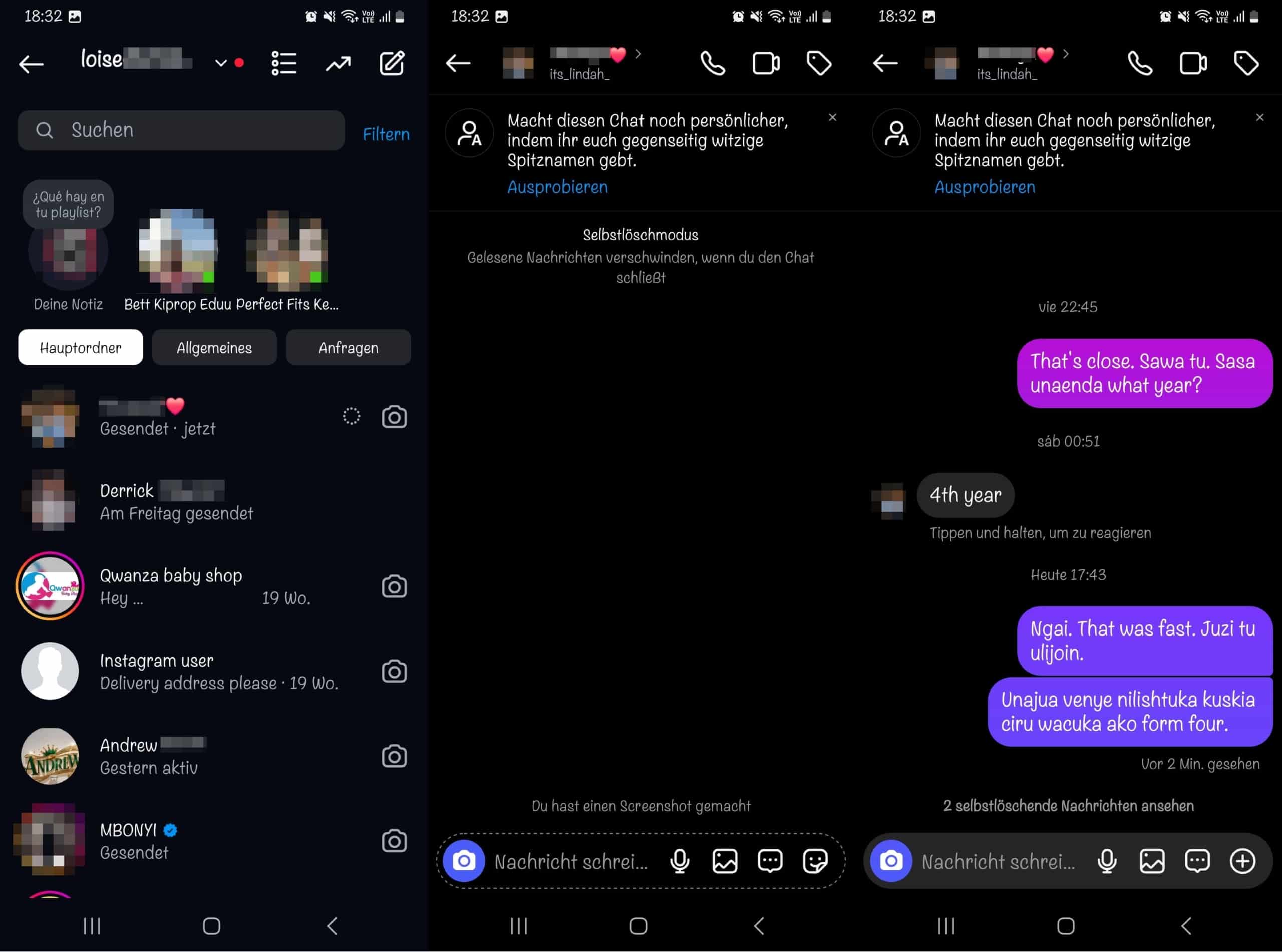 Indem Sie in einem Chat nach oben wischen, deaktivieren Sie den Selbstlöschmodus auf Instagram