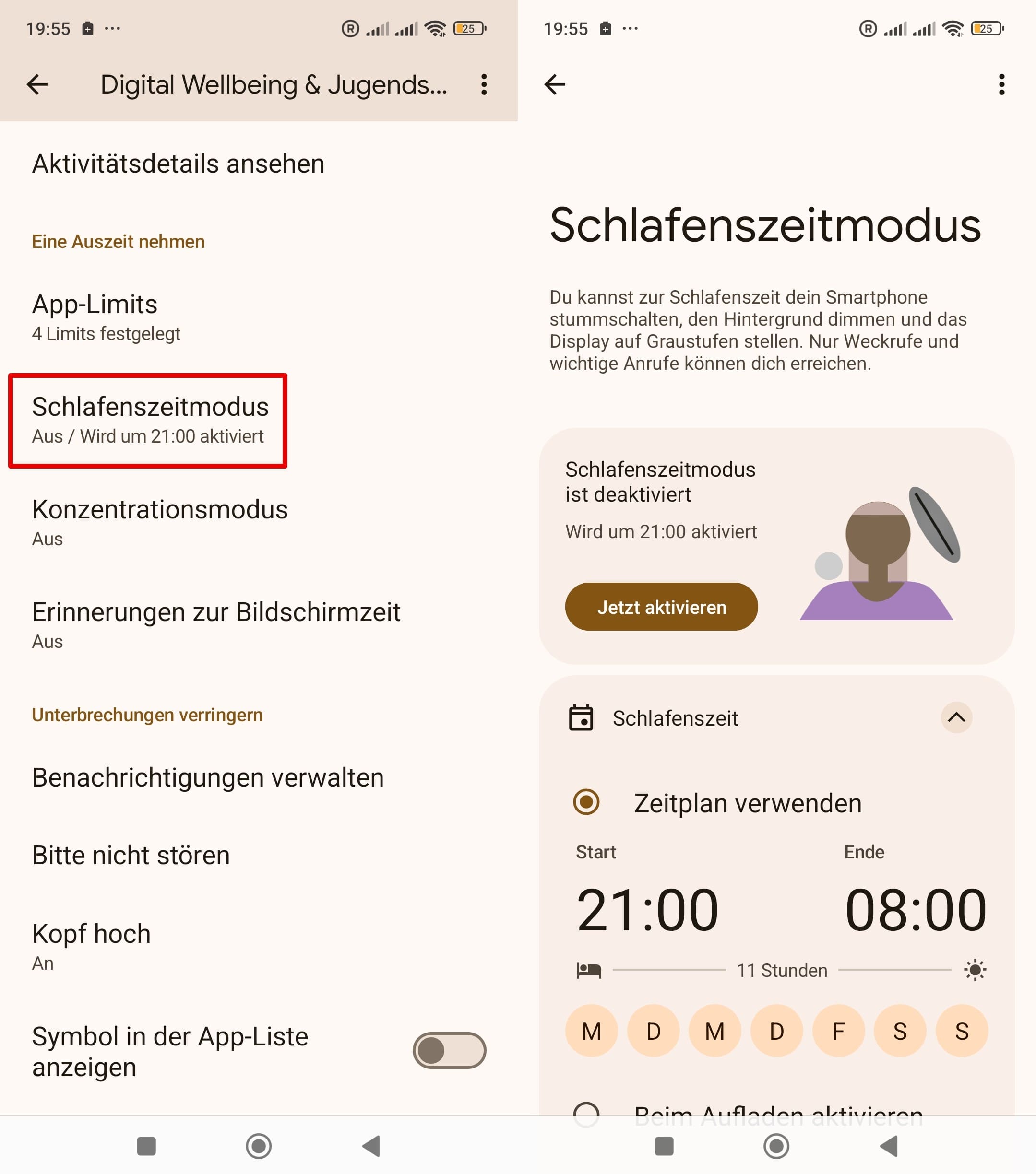 Zeiteinstellungen für den Schlafenszeitmodus in der Digital Wellbeing-Funktion auf einem Xiaomi-Telefon