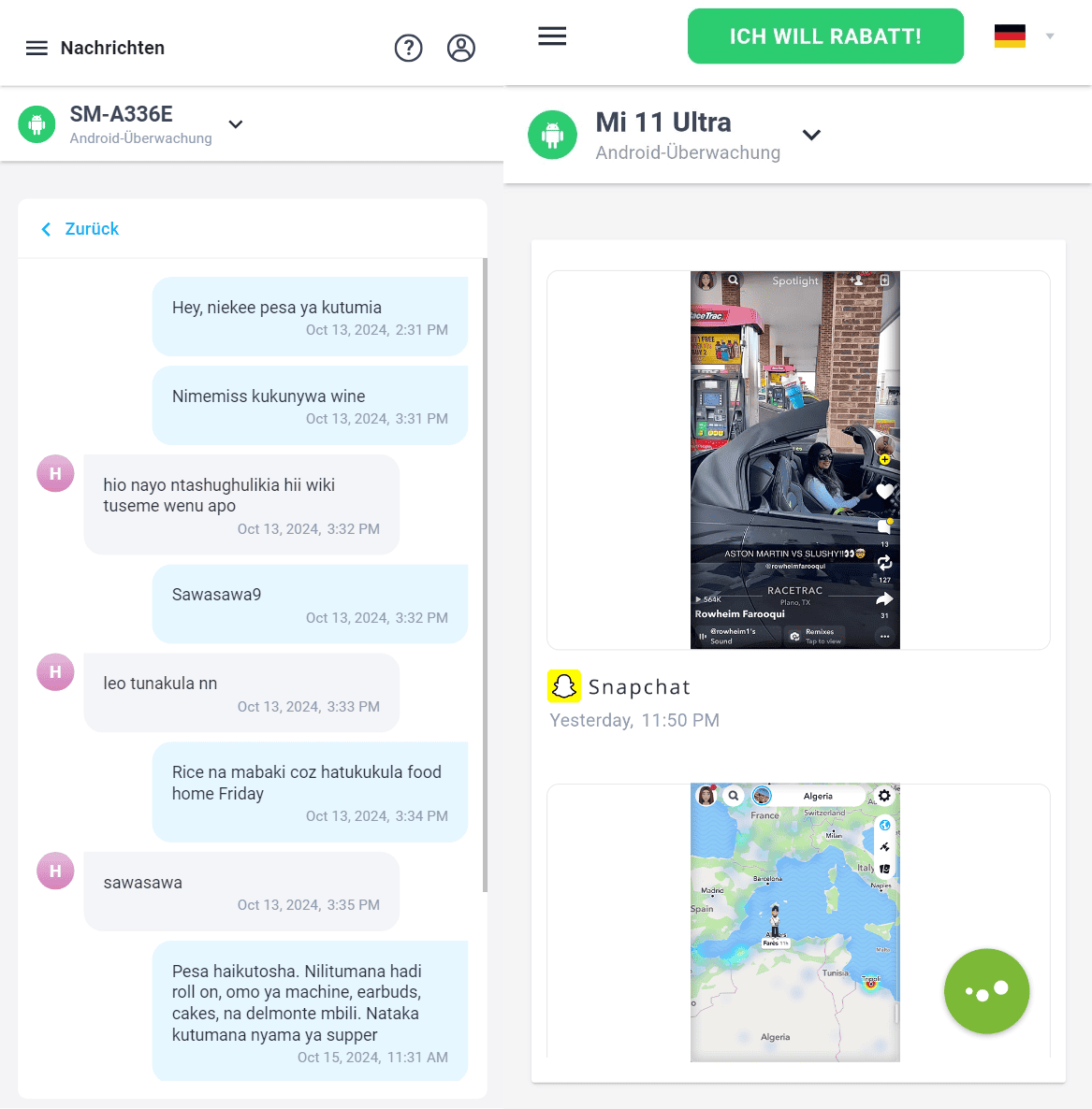 Schnappschuss des mSpy-Überwachungs-Dashboards mit Facebook-Chat-Protokollen und Snapchat-Aktivitäten