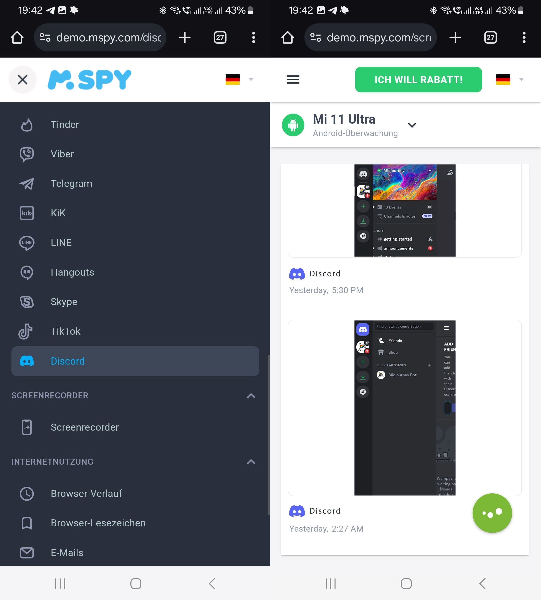 Screenshot des mSpy-Dashboards mit Discord-Aktivitäten
