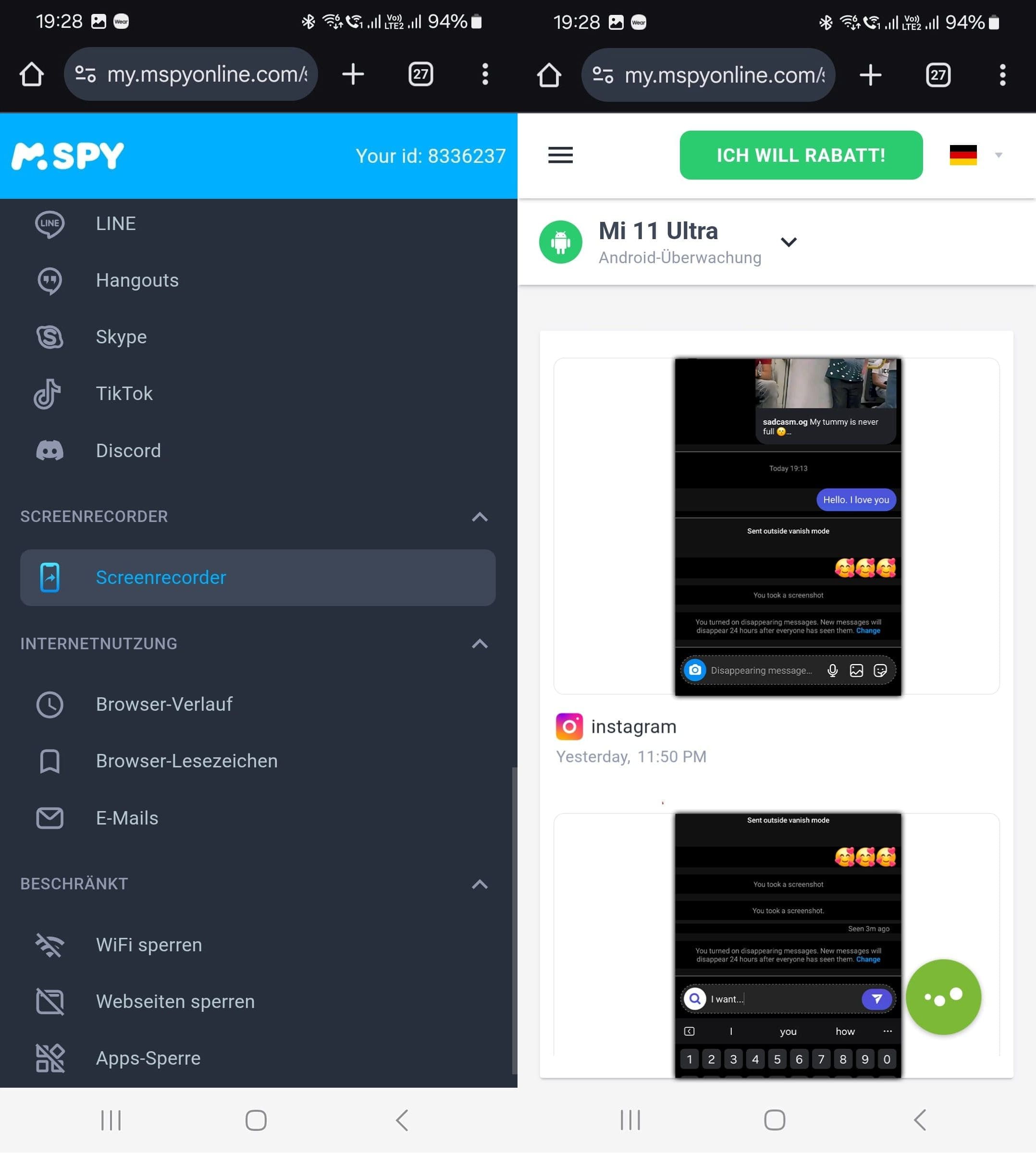 Screenshot des mSpy-Dashboards mit Screenrecorder-Bild