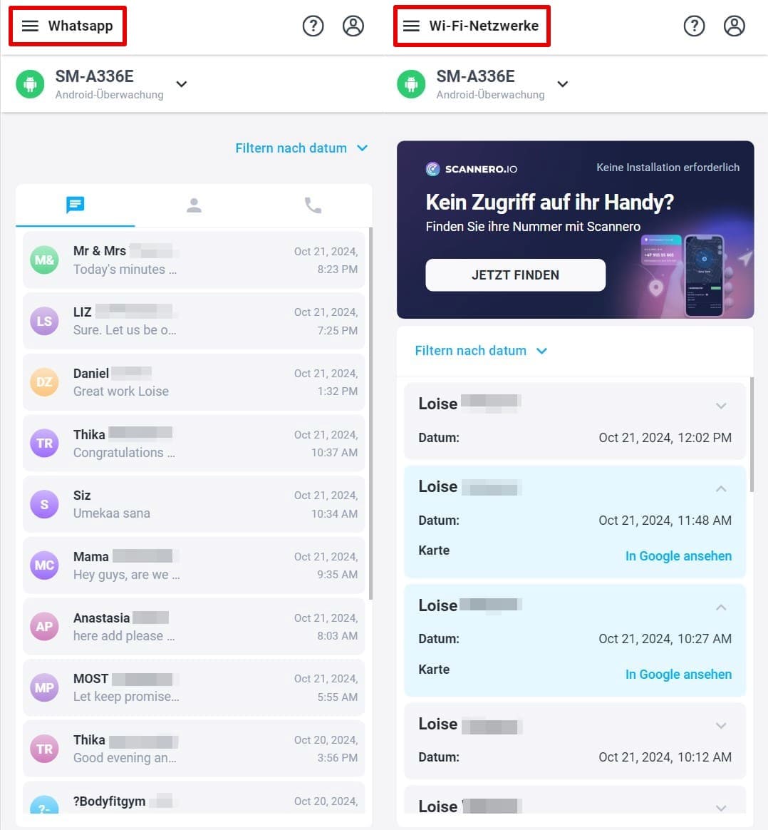 Display all messages on the WhatsApp tab, wi-fi Networks displays a list of wi-fi connections and geolocation