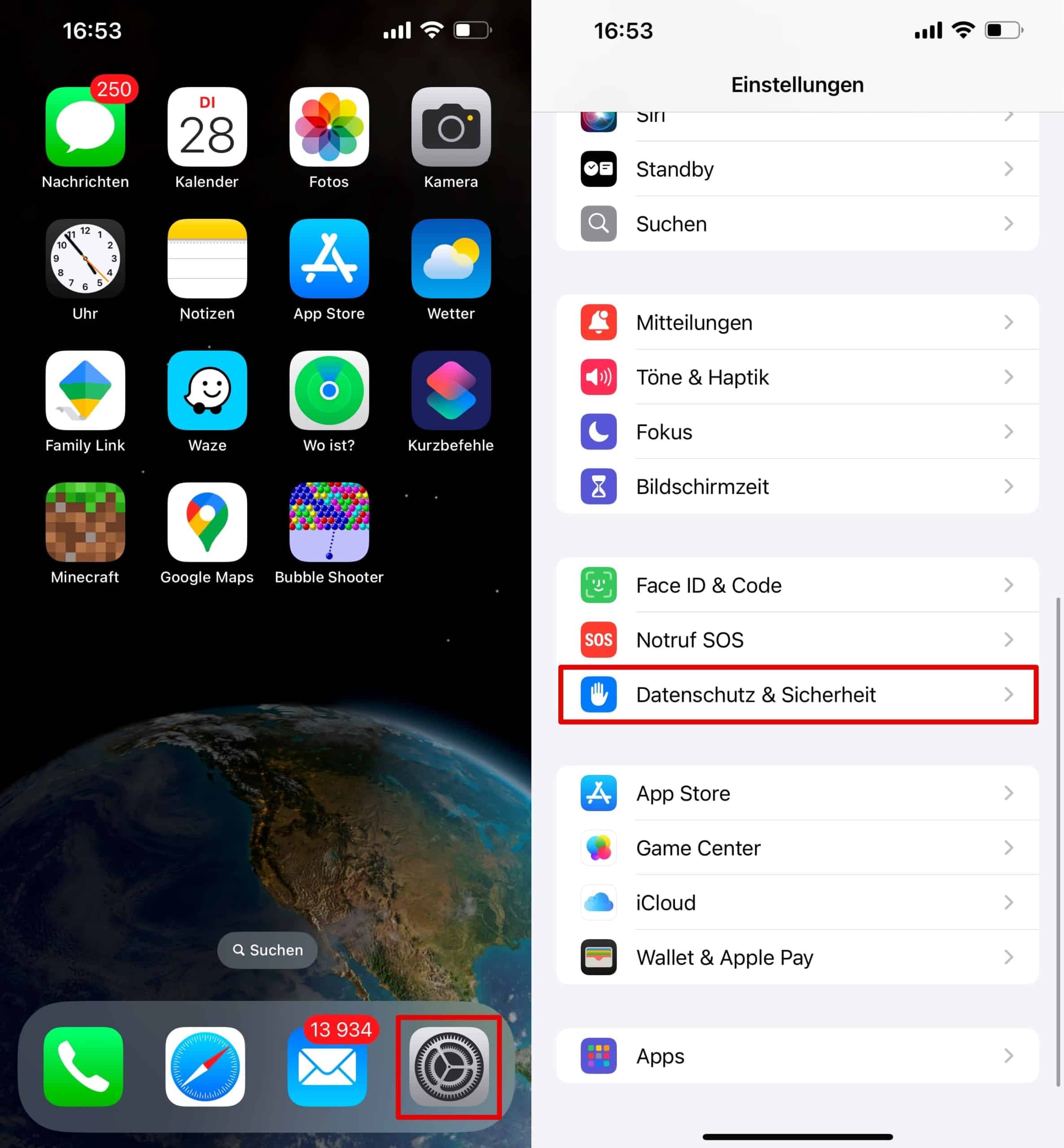 Öffnen Sie die iPhone-Einstellungen - scrollen Sie zu Datenschutz und Sicherheit und klicken Sie darauf