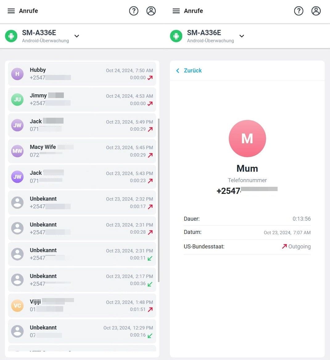 Screenshots der Anrufverfolgung in mSpy