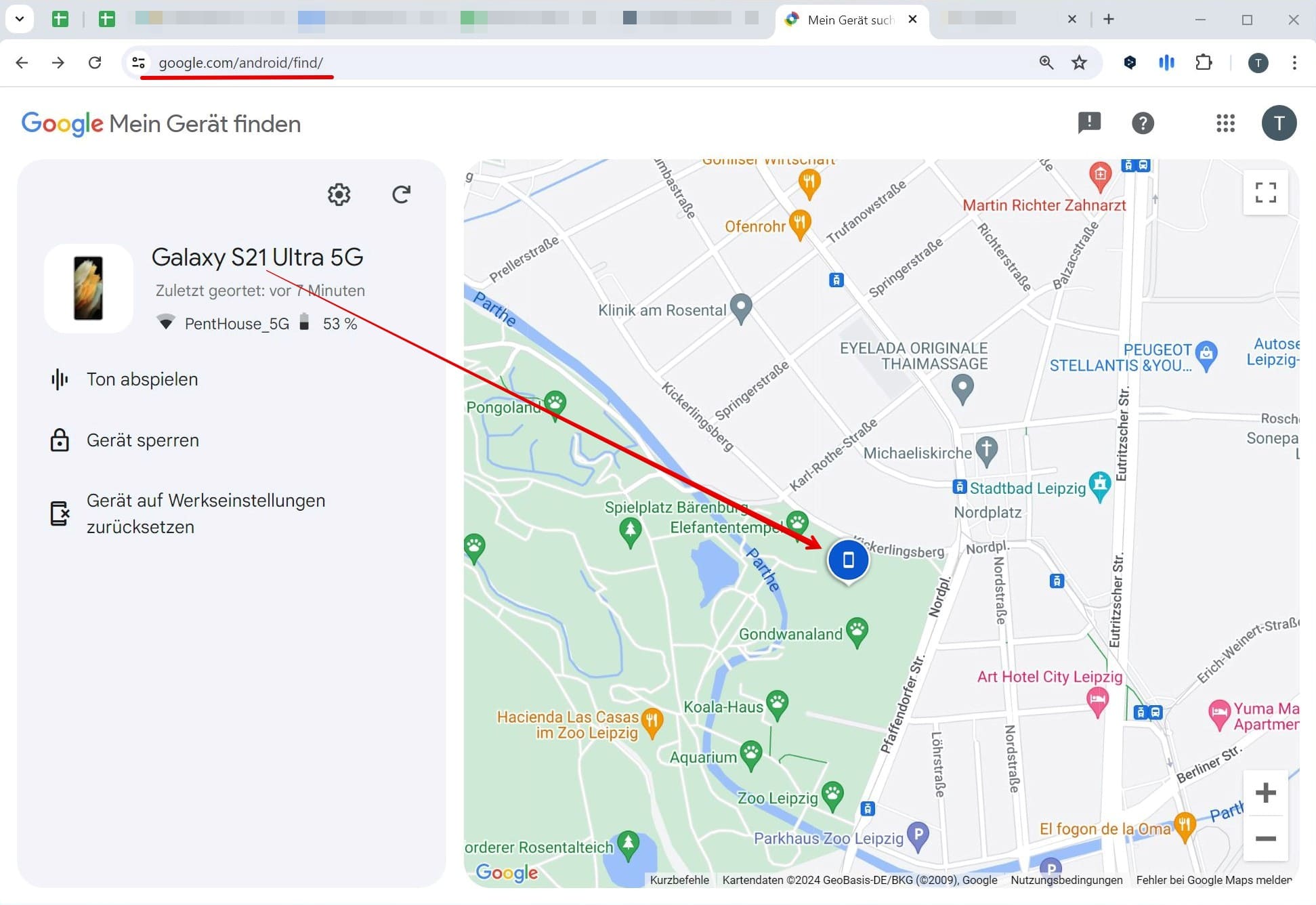 Google Find My Device zeigt den Standort eines georteten Telefons auf Google Maps an