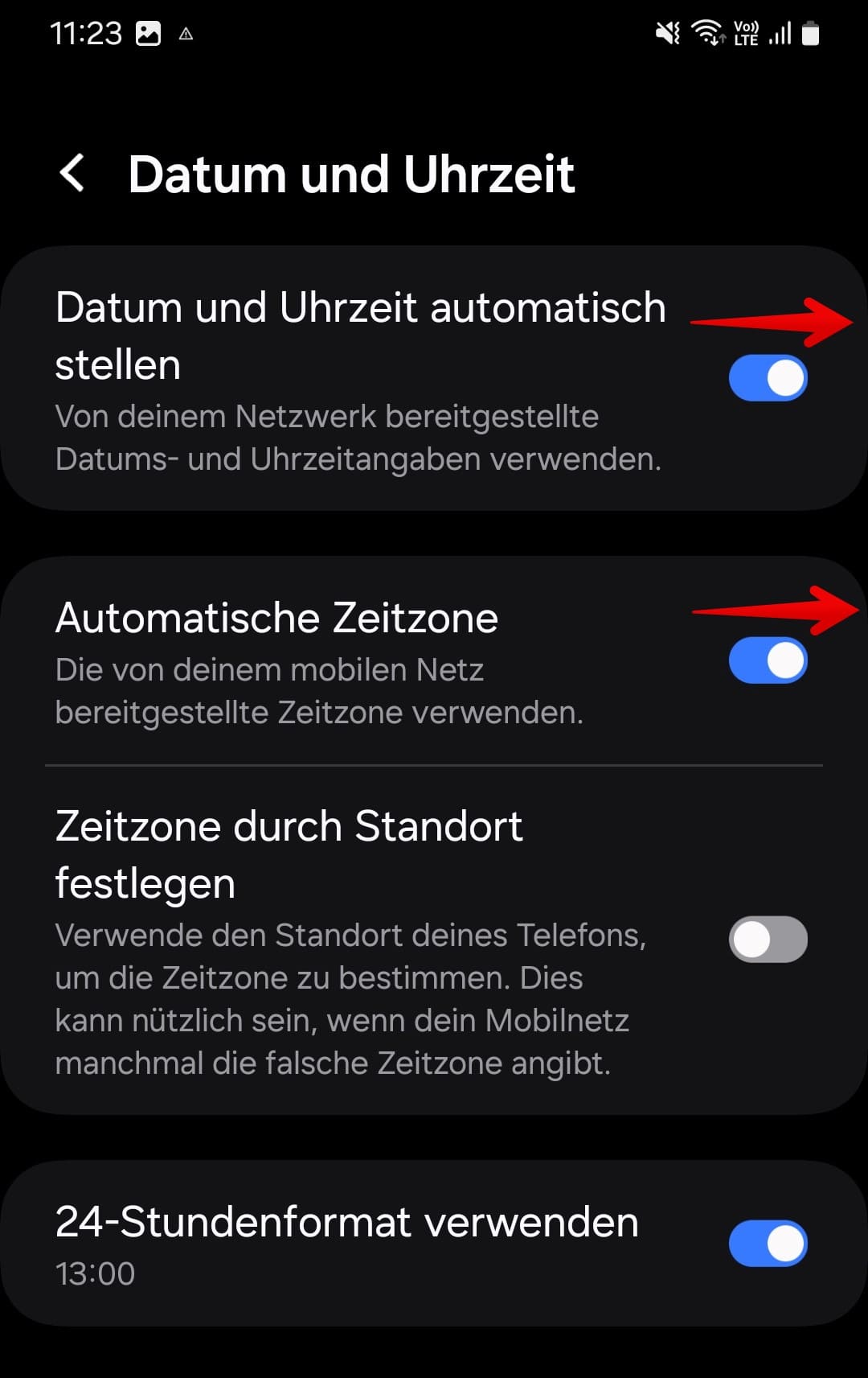 Schieberegler für automatische Datums- und Uhrzeiteinstellungen sowie automatische Zeitzone aktivieren.