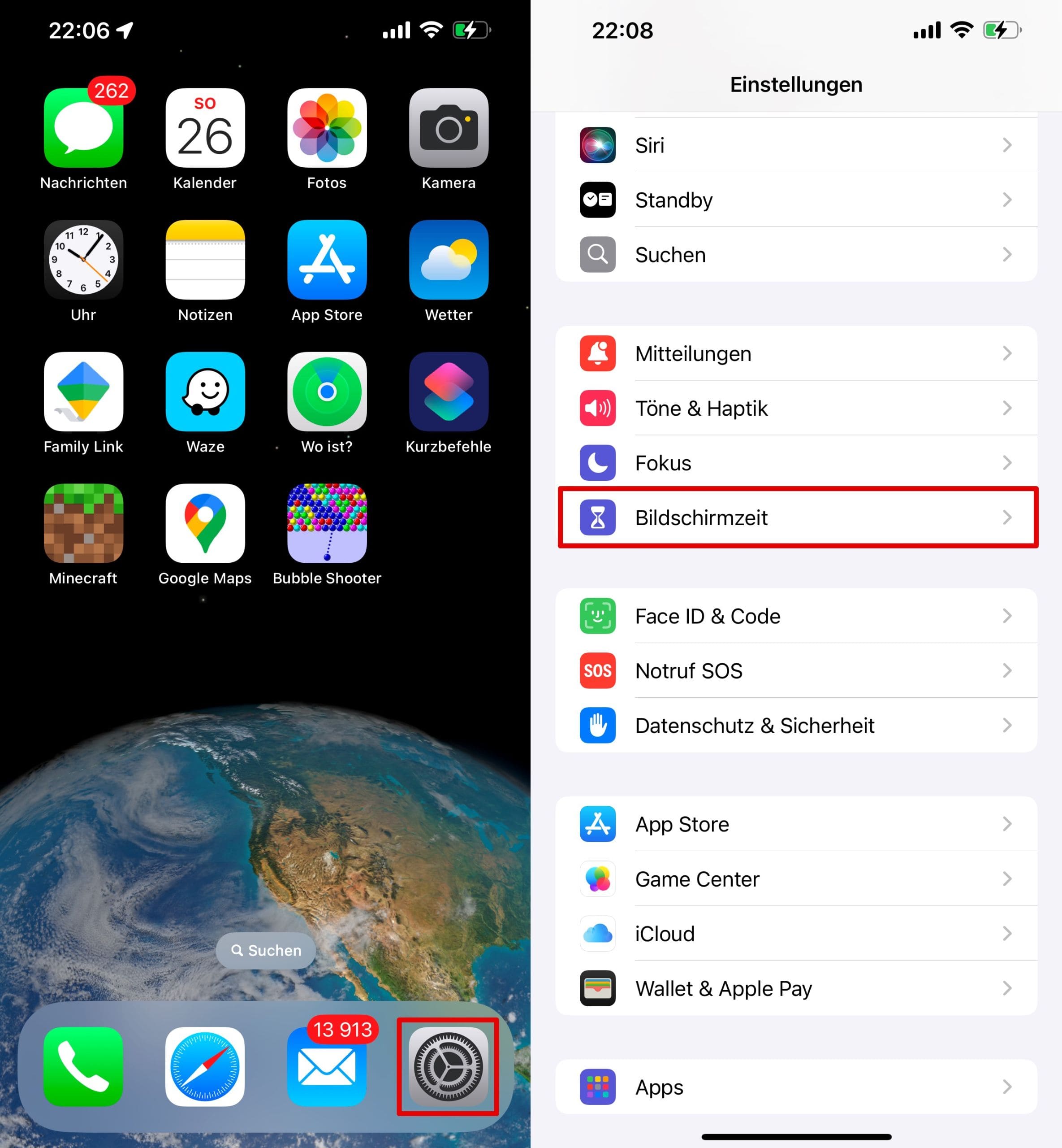 Gehen Sie zu den iPhone-Einstellungen und tippen Sie auf „Bildschirmzeit“.