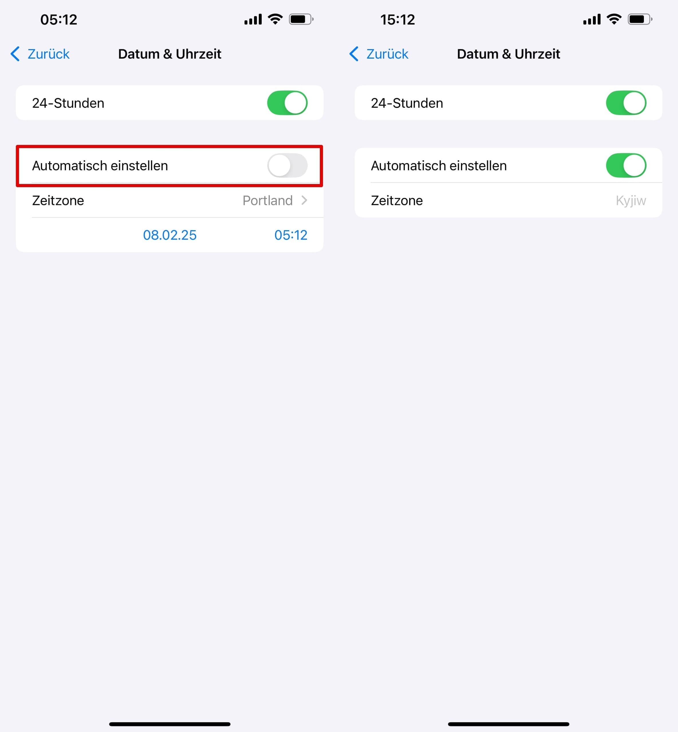 Datum und Uhrzeit auf dem iPhone einstellen, automatische Einrichtung.