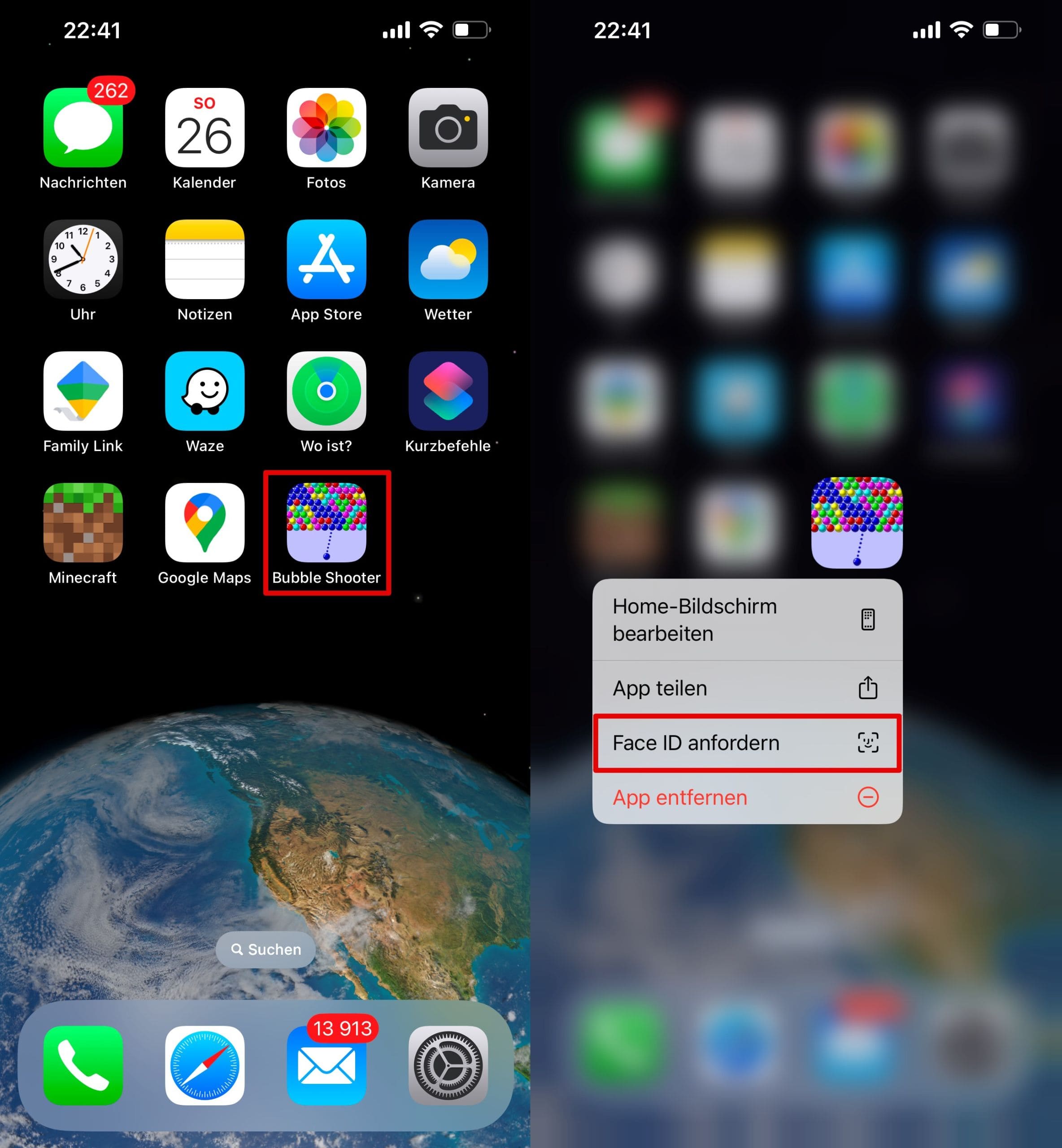 Tippen Sie auf die Ziel-App und wählen Sie „Face ID oder Touch ID oder Passcode erforderlich“