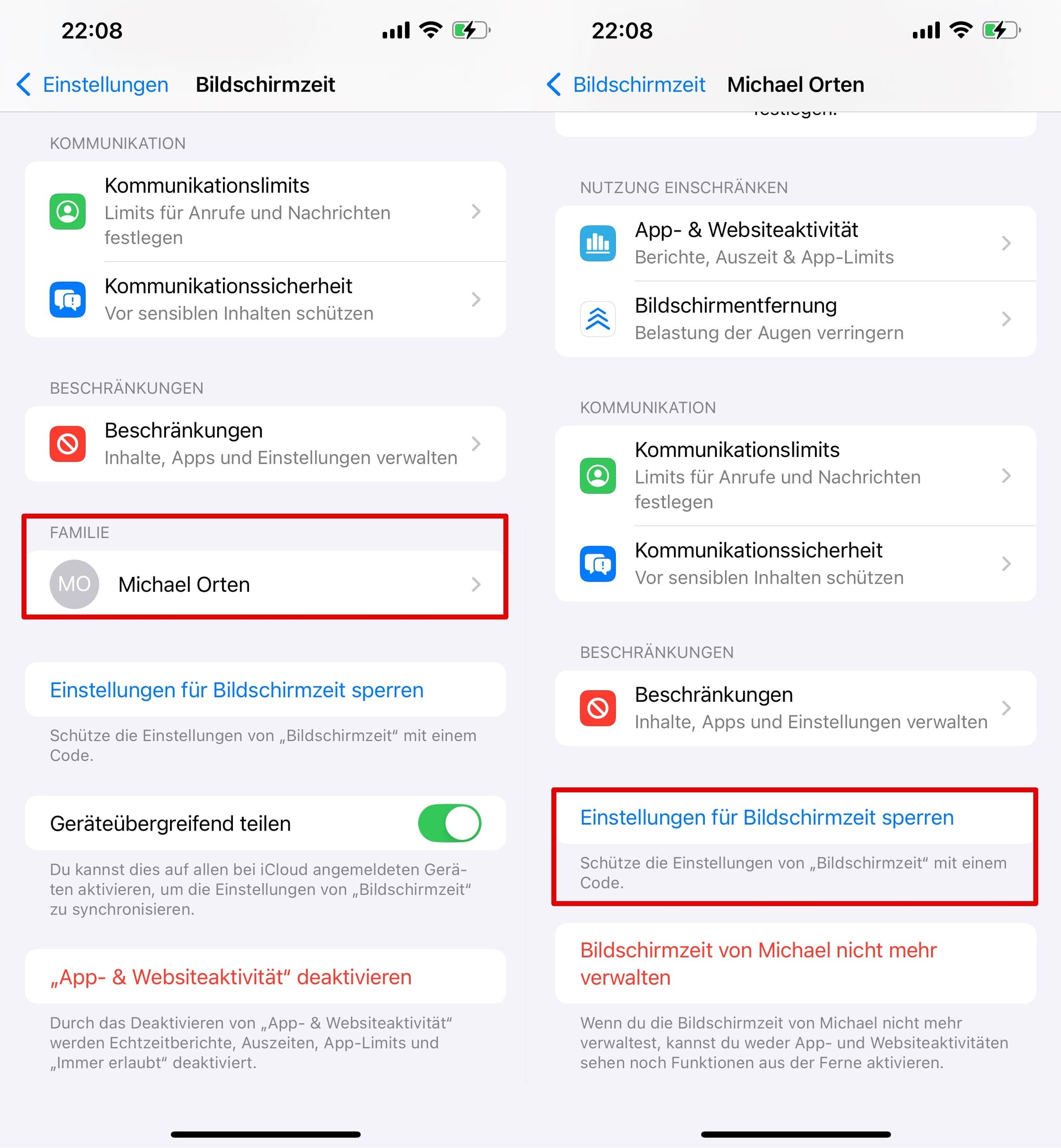 Wählen Sie in den Bildschirmzeiteinstellungen den Abschnitt „Familie“ aus und klicken Sie dann unten auf der Seite auf „Einstellungen für Bildschirmzeit sperren“.