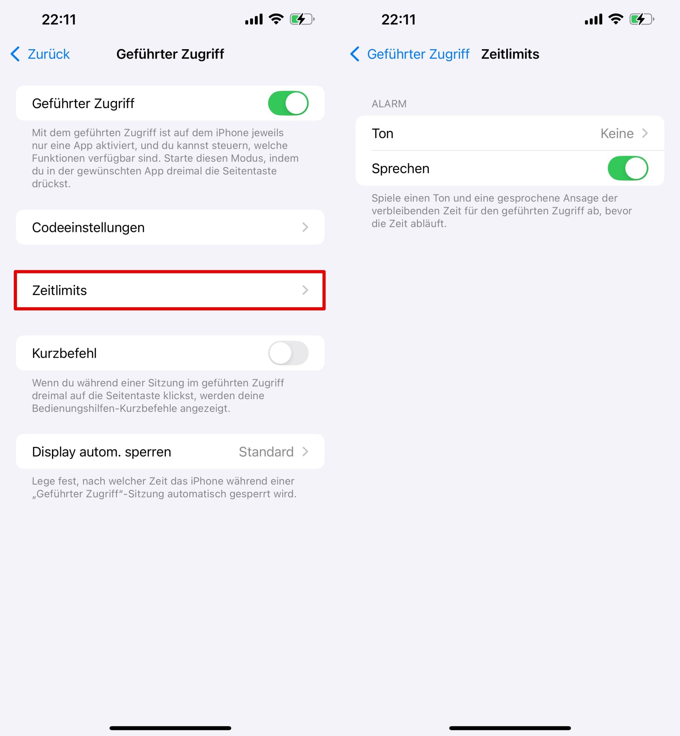Gehen Sie zu „Geführter Zugriff – Zeitlimiteinstellungen“ und wählen Sie die gewünschte Alarmart (Ton oder Sprache).