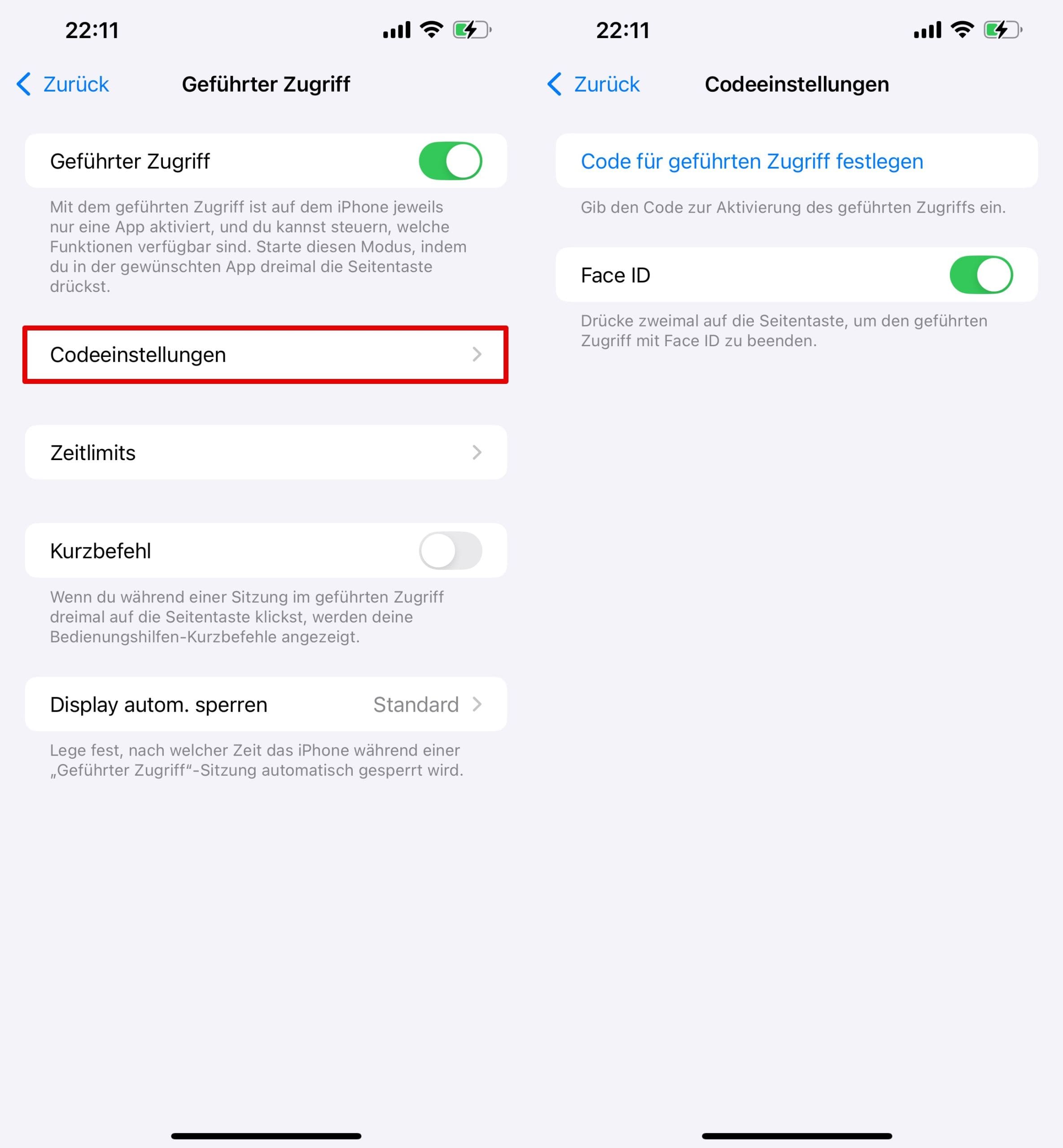 Gehen Sie zu „Geführter Zugriff – Passcode-Einstellungen“ und wählen Sie „Passwort festlegen“, „Face ID“ oder „Touch ID“.
