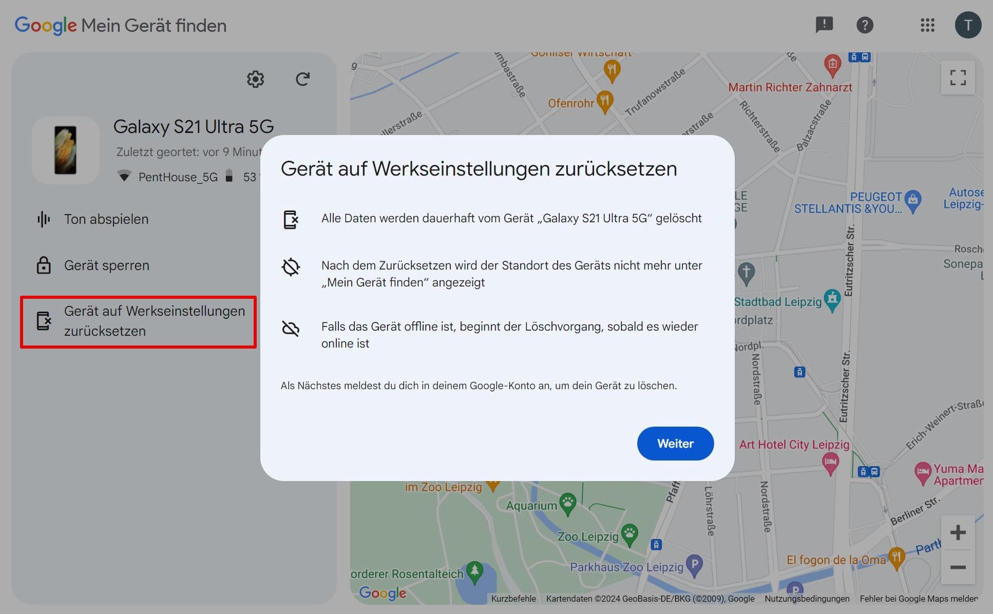 Funktion zum Gerät auf Werkseinstellungen zurücksetzen der Karte in Find My Device