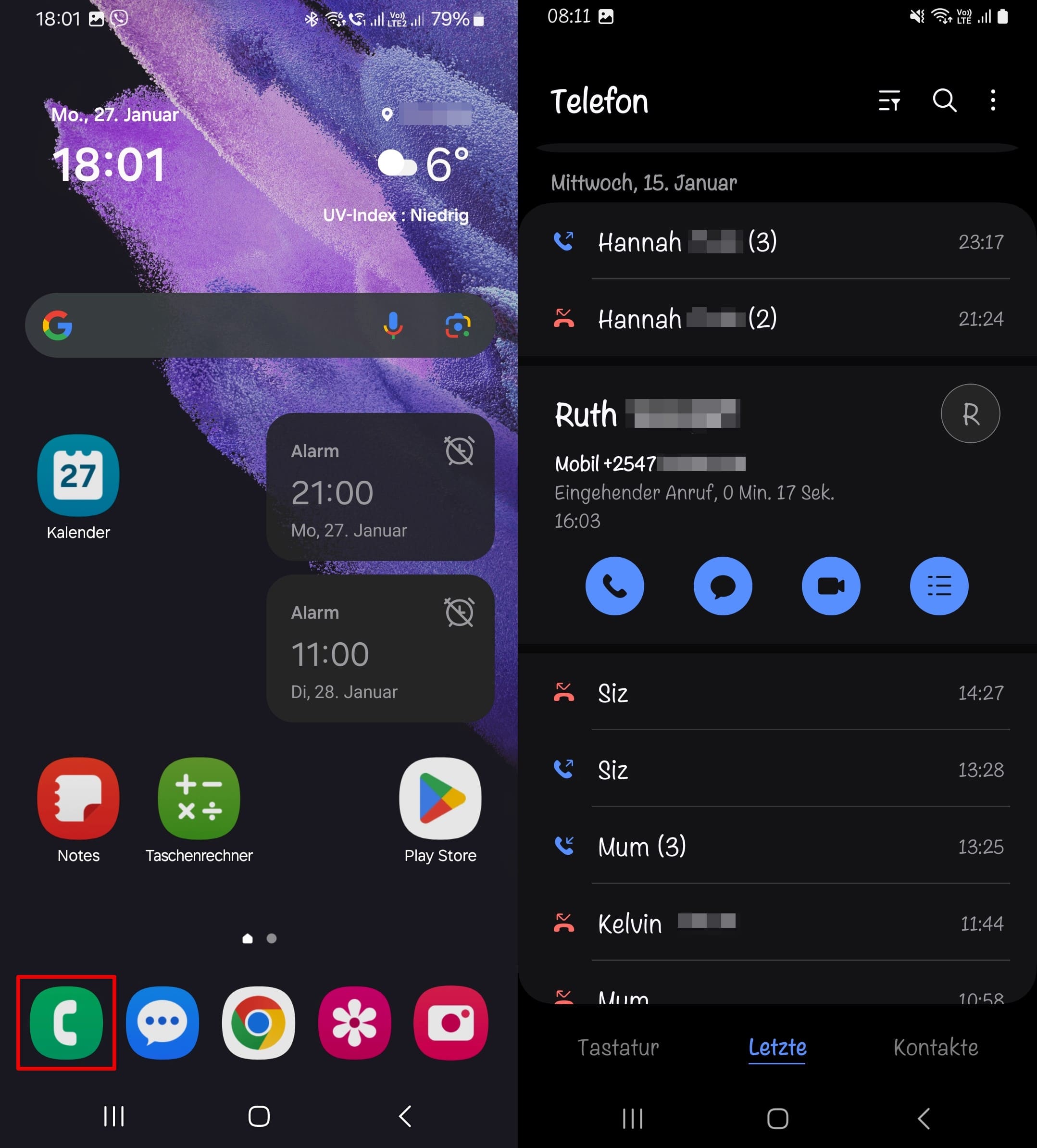 Öffnen der Anrufliste unter Android
