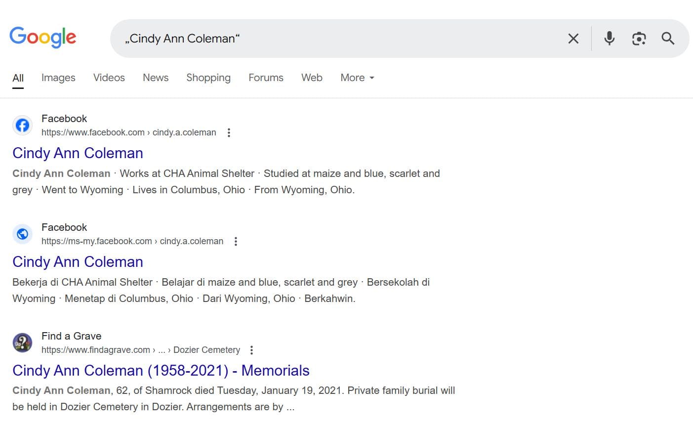 Google-Suche nach Namen mit Anführungszeichen.