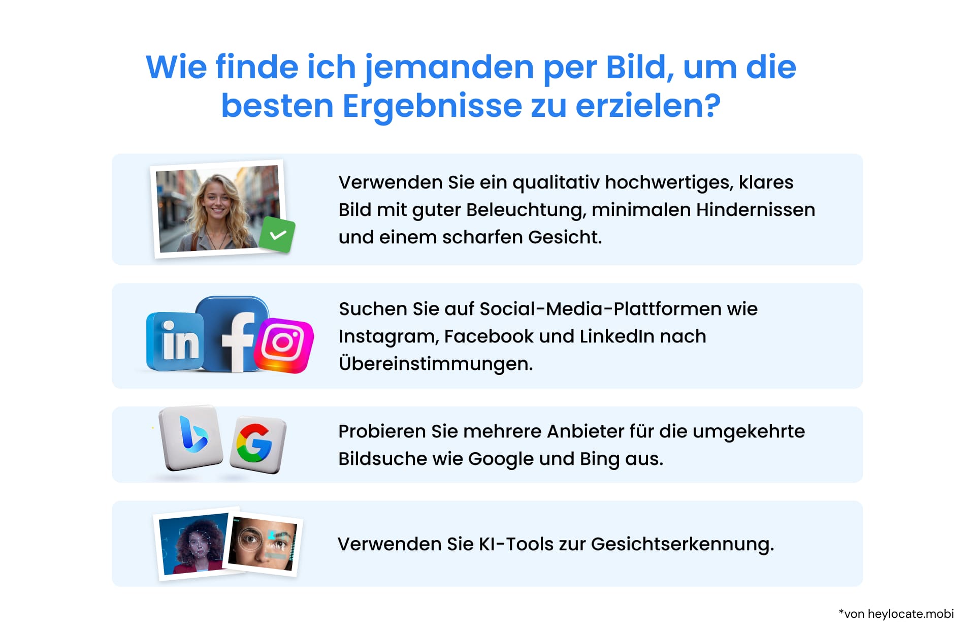 Infografik mit Empfehlungen, wie Sie eine Person anhand eines Fotos finden.