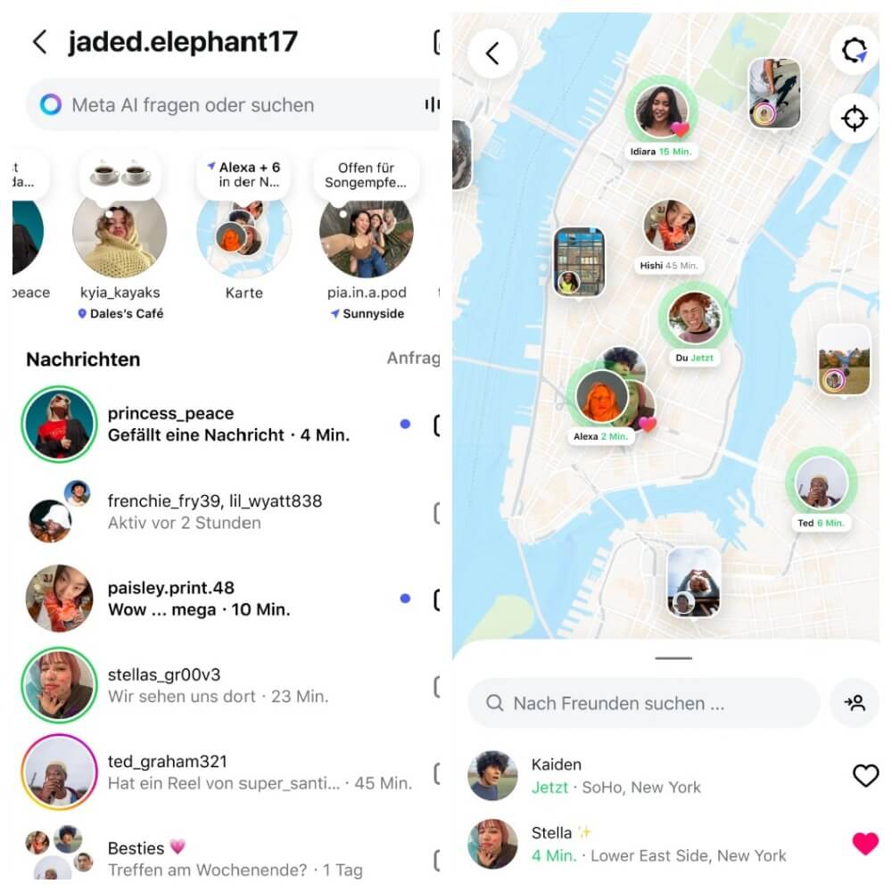 Das Kartensymbol ist oben in den Instagram-Chats im DM-Posteingang sichtbar und öffnet sich in einem zweiten Fenster, in dem der Standort der gemeinsamen Follower angezeigt wird.