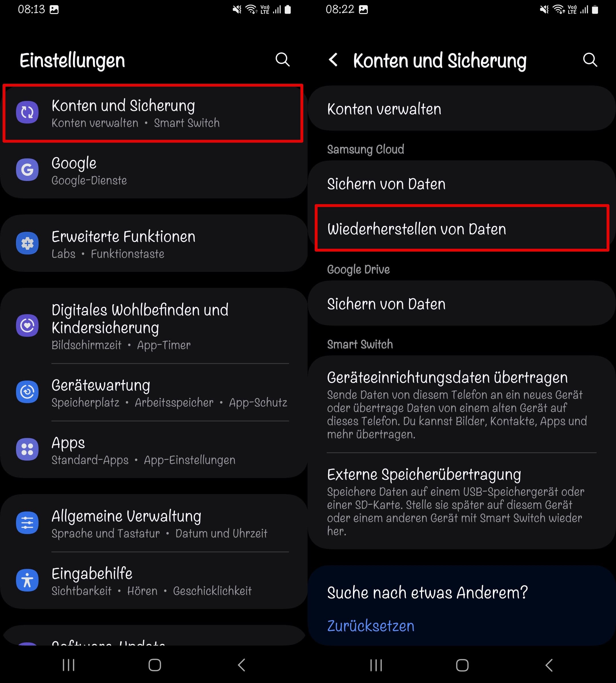 Zugriff auf die Konten- und Sicherungs-Funktion auf einem Samsung
