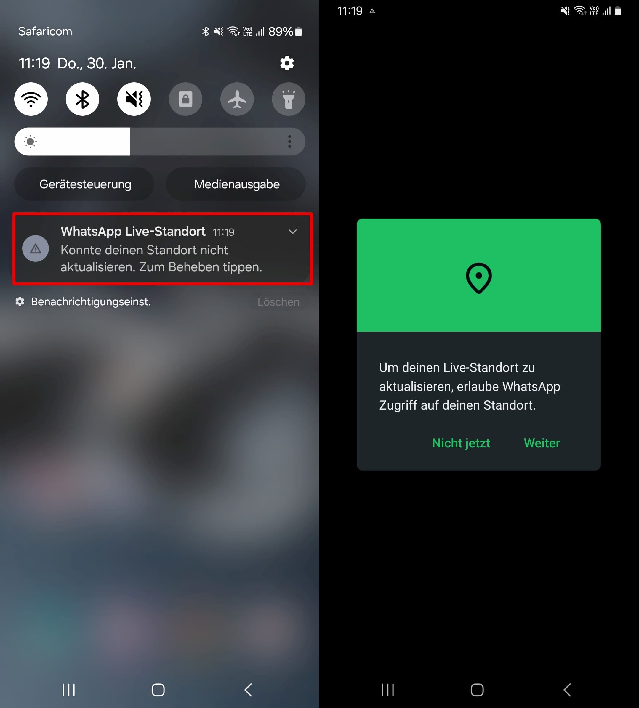 Benachrichtigung, wenn Standortdienste beim Teilen des Standorts auf WhatsApp deaktiviert sind.