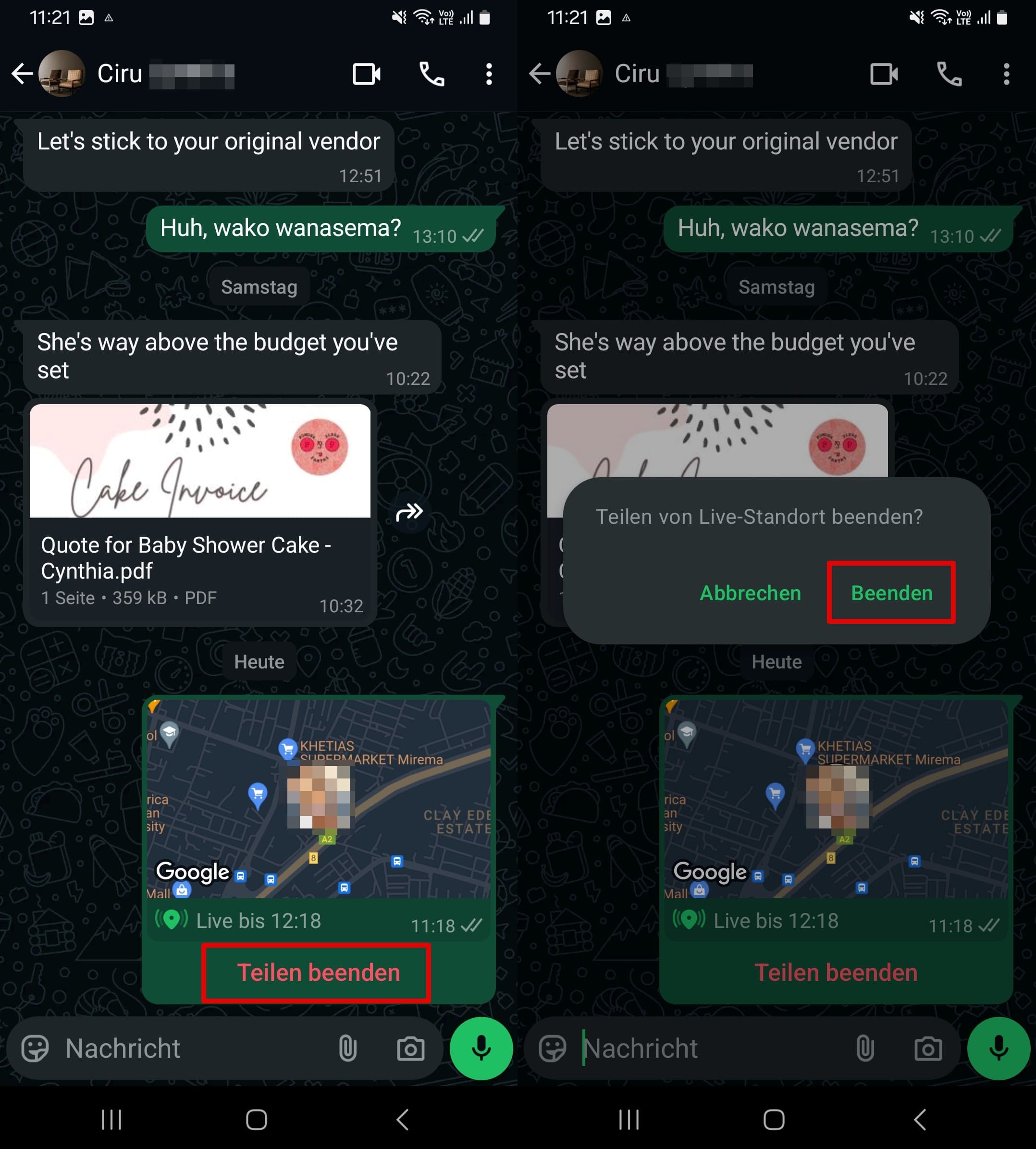 Tippen Sie auf „Standortfreigabe beenden“, um die Standortfreigabe auf WhatsApp zu beenden.