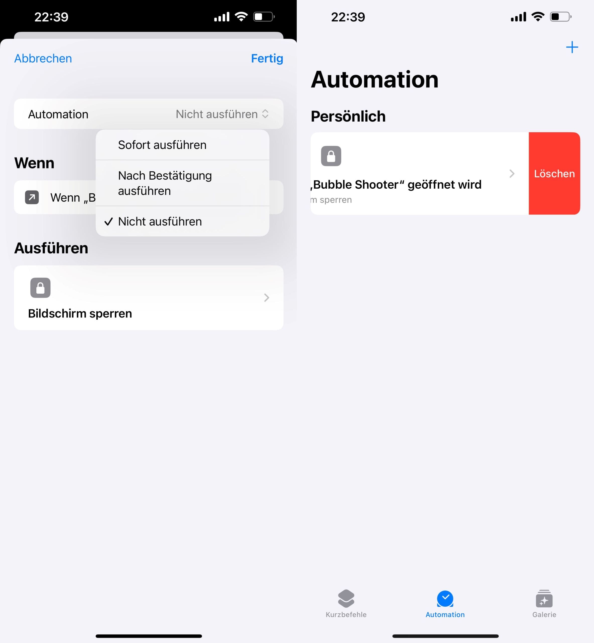 Einstellen des Betriebsmodus der ausgewählten Anwendung in der Automation auf dem iPhone und Löschen dieser.
