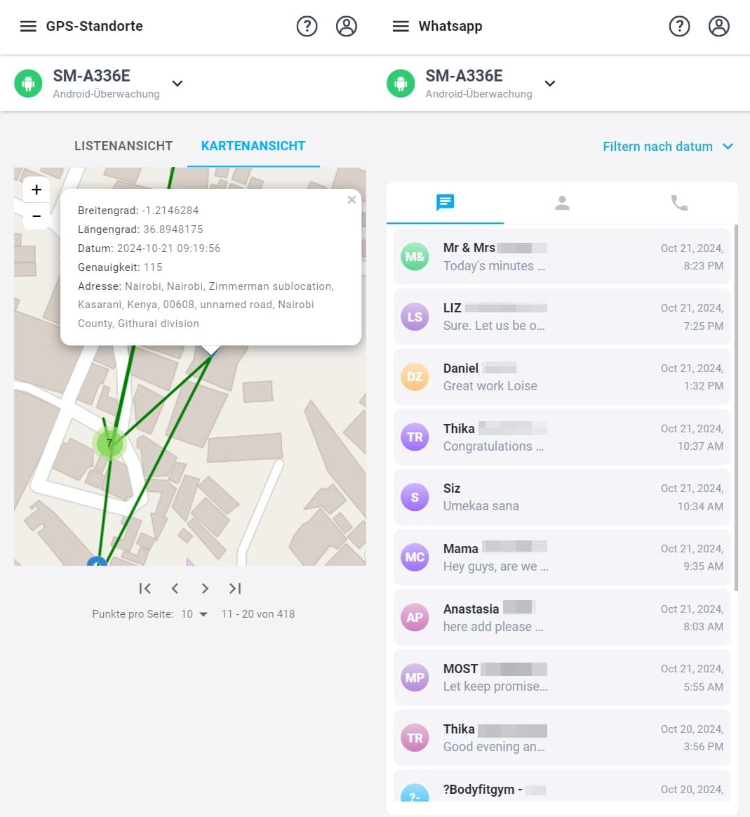 Screenshot von mSpy für die GPS-Standortüberwachung und die Anzeige von Watsapp-Nachrichten.