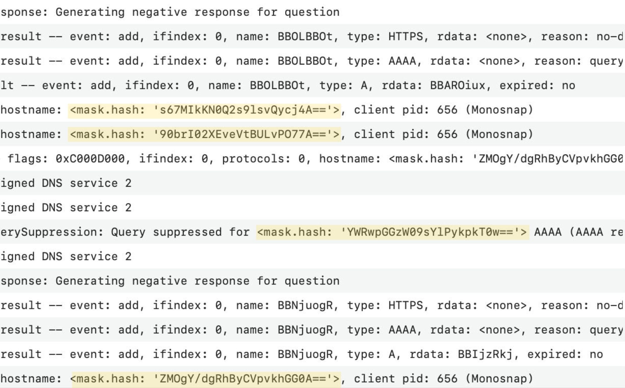 Systemprotokoll mit DNS-Abfragen, Prozessüberschreibungen, HTTPS-Einträgen mit maskierten Hashes und netzwerkbezogenen Einträgen.