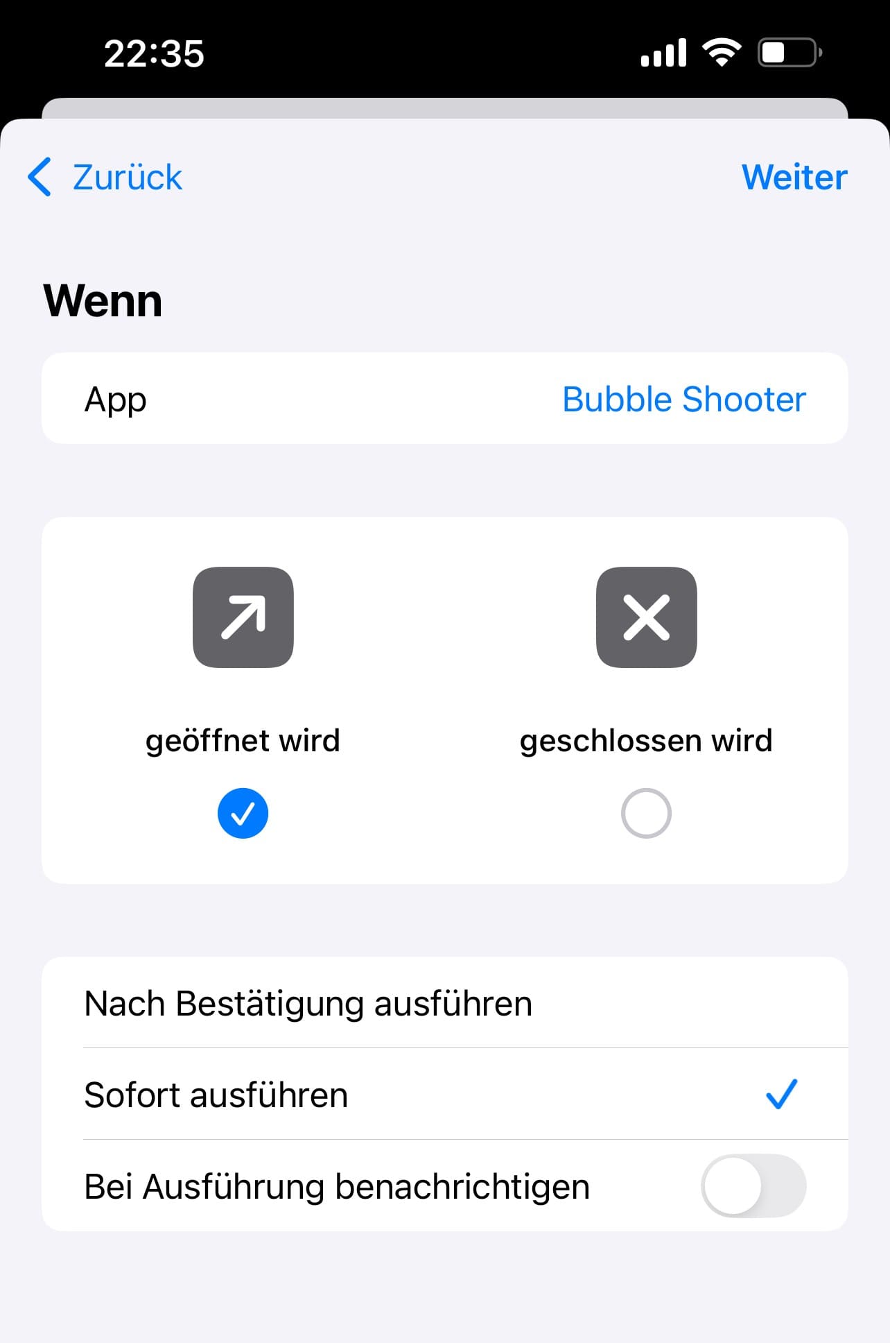 Sie können wählen, ob die Bedingungen beim Öffnen oder Schließen der Anwendung erfüllt werden sollen. Außerdem gibt es die Einstellungen: Nach Bestätigung ausführen, Sofort ausführen, Bei Ausführung benachrichtigen. Nachdem Sie Ihre Wahl getroffen haben, klicken Sie auf Weiter.