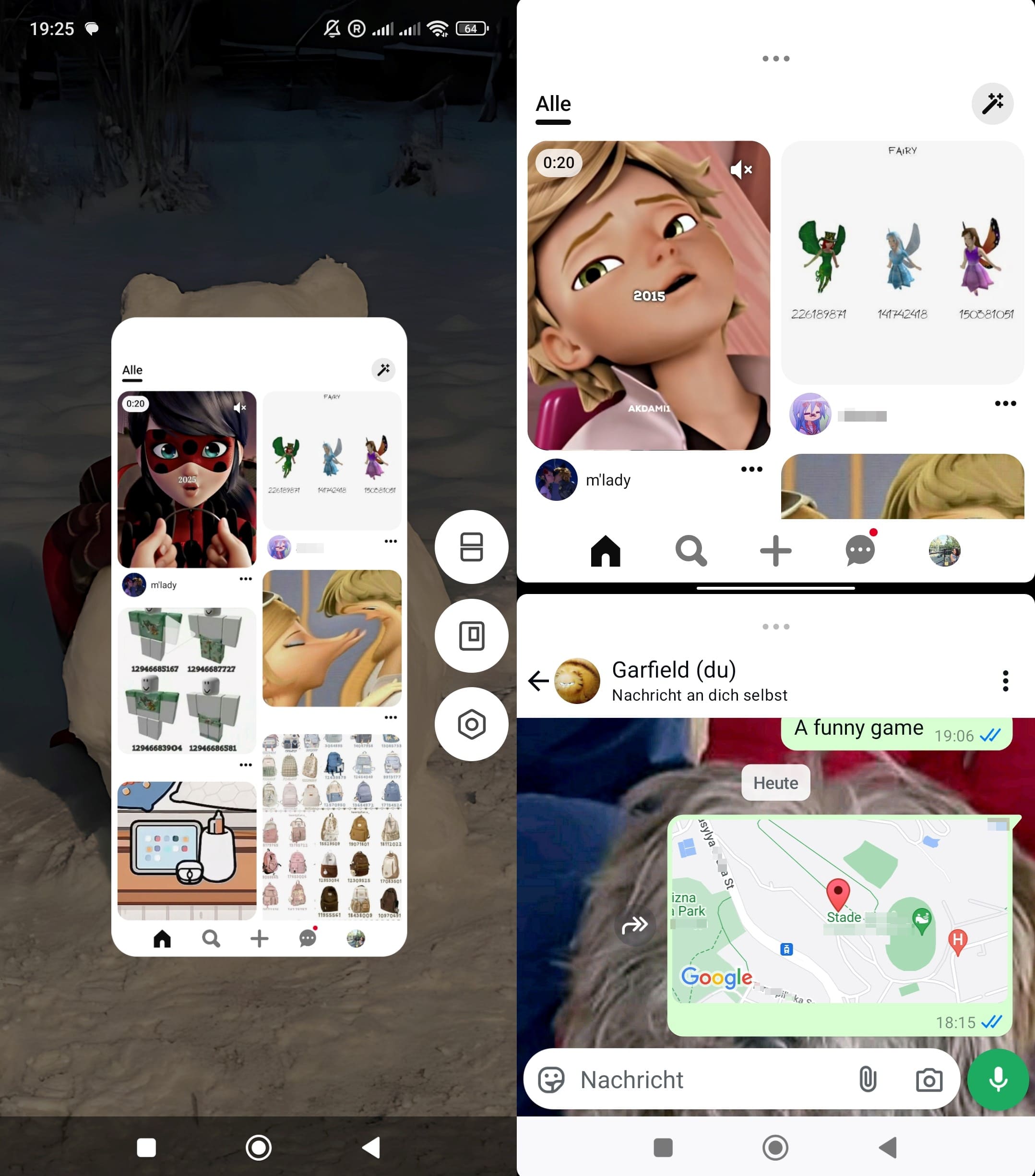 So sieht Splitscreen auf Xiaomi mit zwei Registerkarten – Pinterest und Live-Standortfreigabe von WhatsApp – auf einem Bildschirm aus.