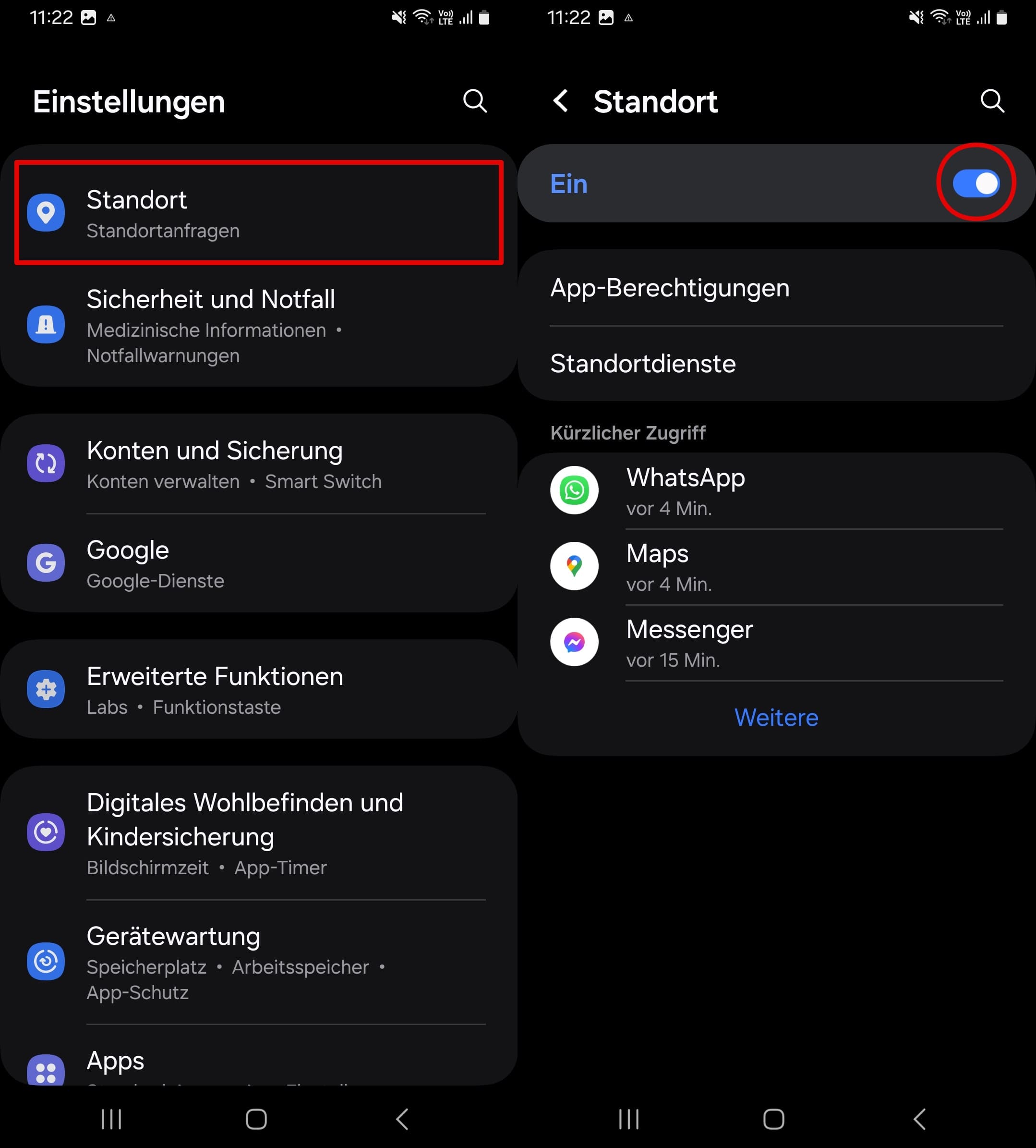 Öffnen Sie Einstellungen – Standort und tippen Sie auf den Schieberegler, um den Standort auf Android zu aktivieren.