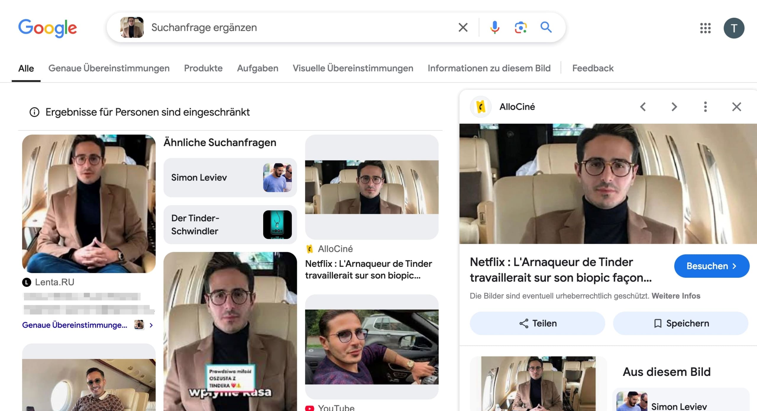 Google-Rückwärts-Bildersuche zeigt Ergebnisse mit einem berühmten Gesicht.