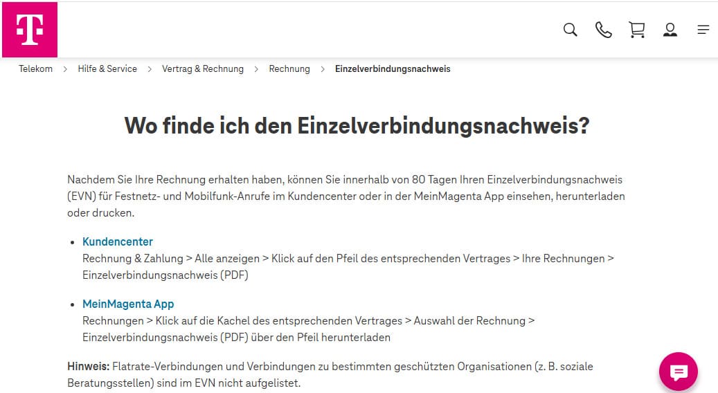 Schritte zum Abrufen von Aufzeichnungen von Telekom.de
