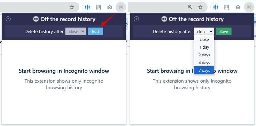 Verwaltung des inkognitiven Browserverlaufs - Auswahl des Anzeigezeitraums.