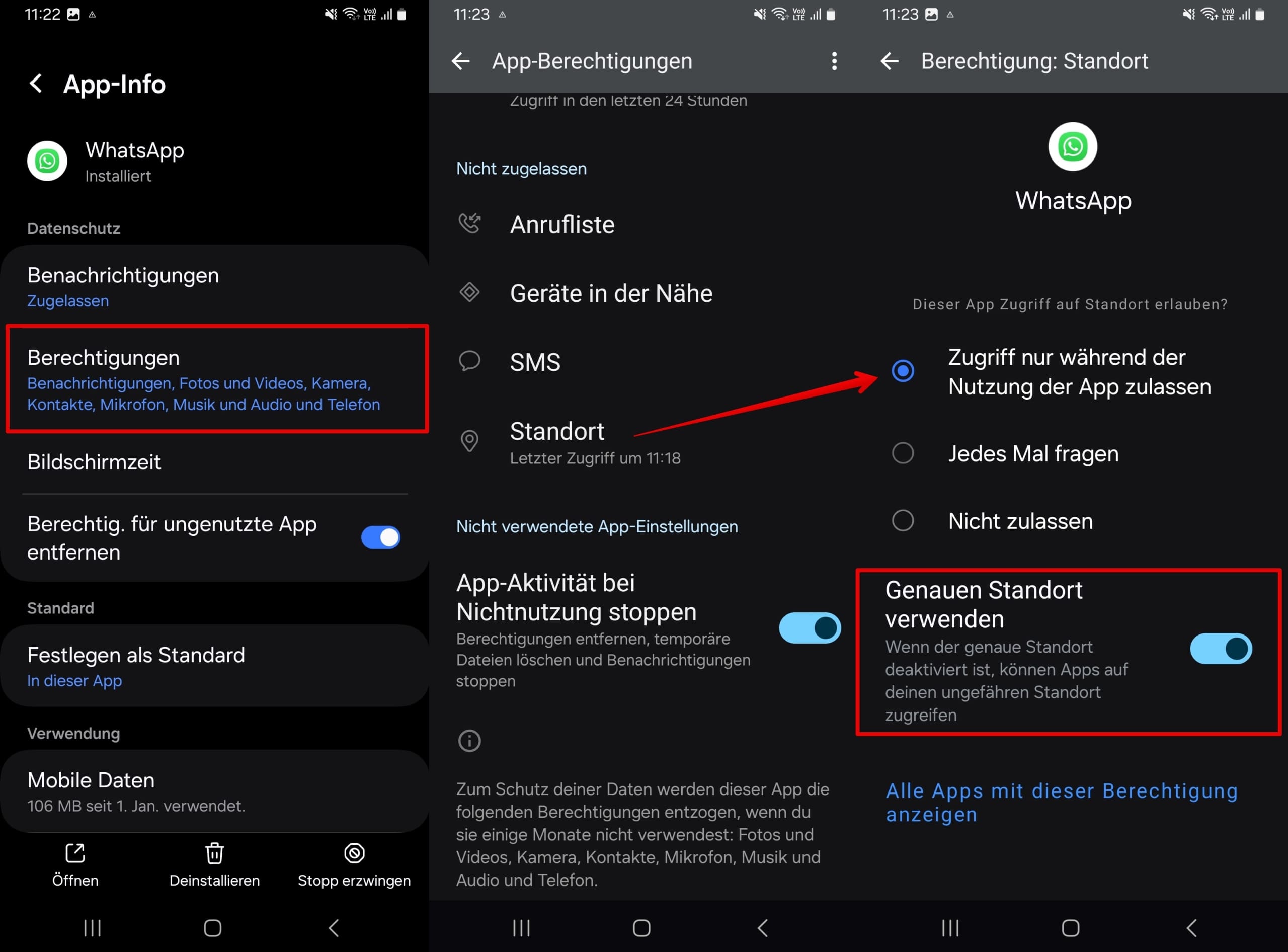 Klicken Sie auf WhatsApp-Berechtigungen – Standort – nur bei Verwendung der App zulassen.