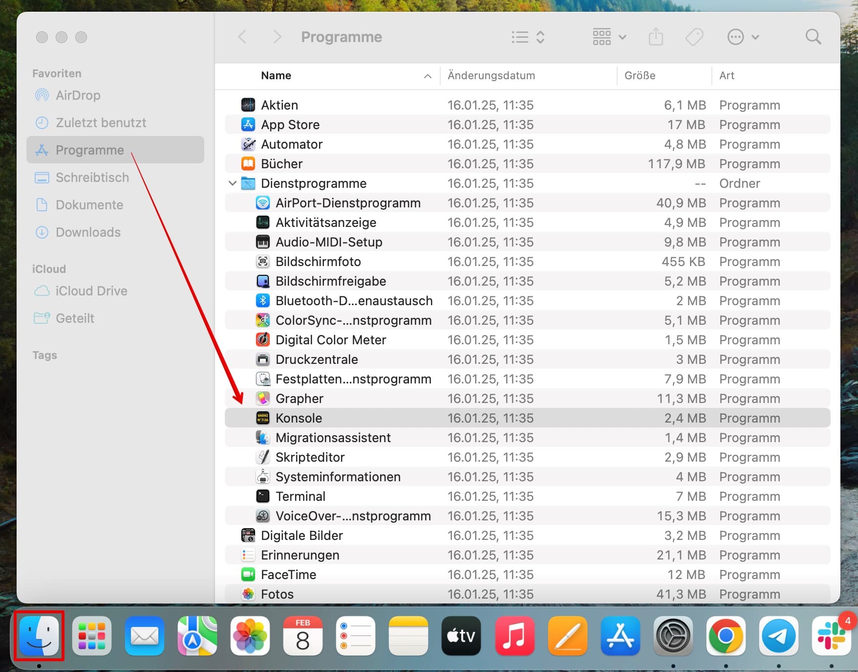 Um auf die Konsole auf dem Mac zuzugreifen, gehen Sie zu Finder – Programme – Ordner „Dienstprogramme“.