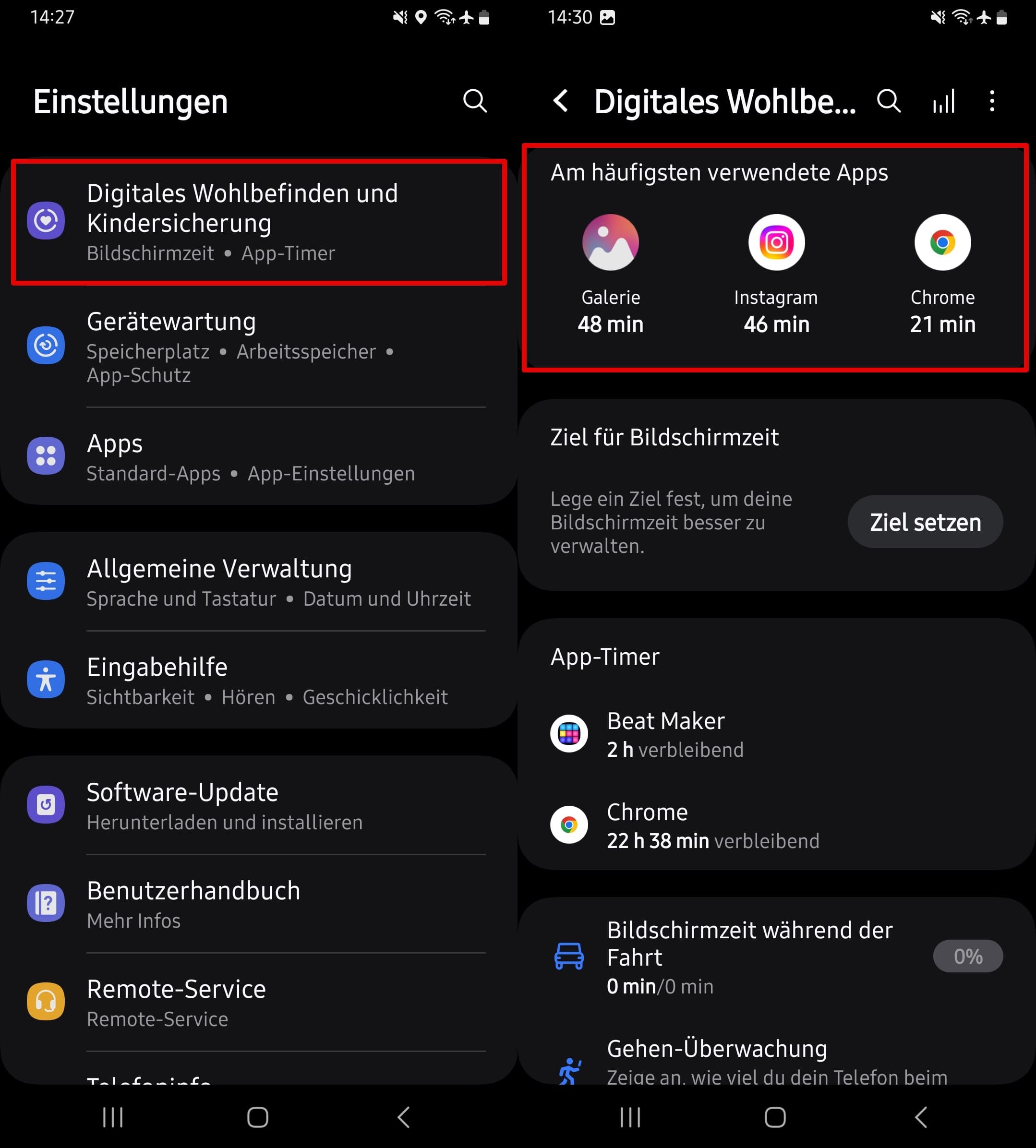 gehen sie zum Menü Digitales Wohlbefinden und Kindersicherung – Abschnitt Am häufigsten verwendete Apps.